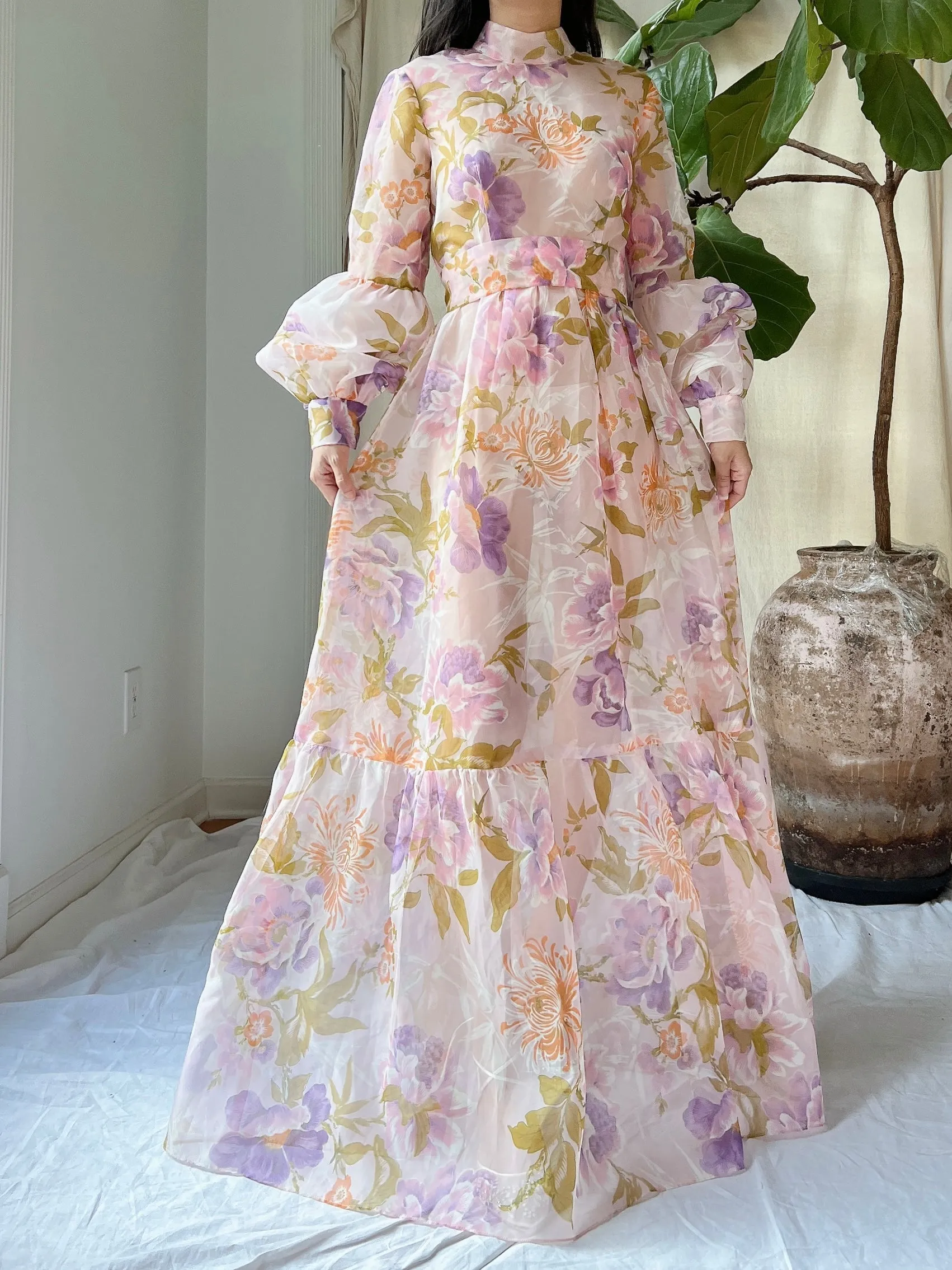 Vintage Juliet Sleeves Sheer Floral Voile Gown - S/M