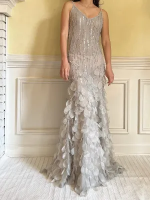 Vintage Light Gray Silk Beaded Petal Dress - M