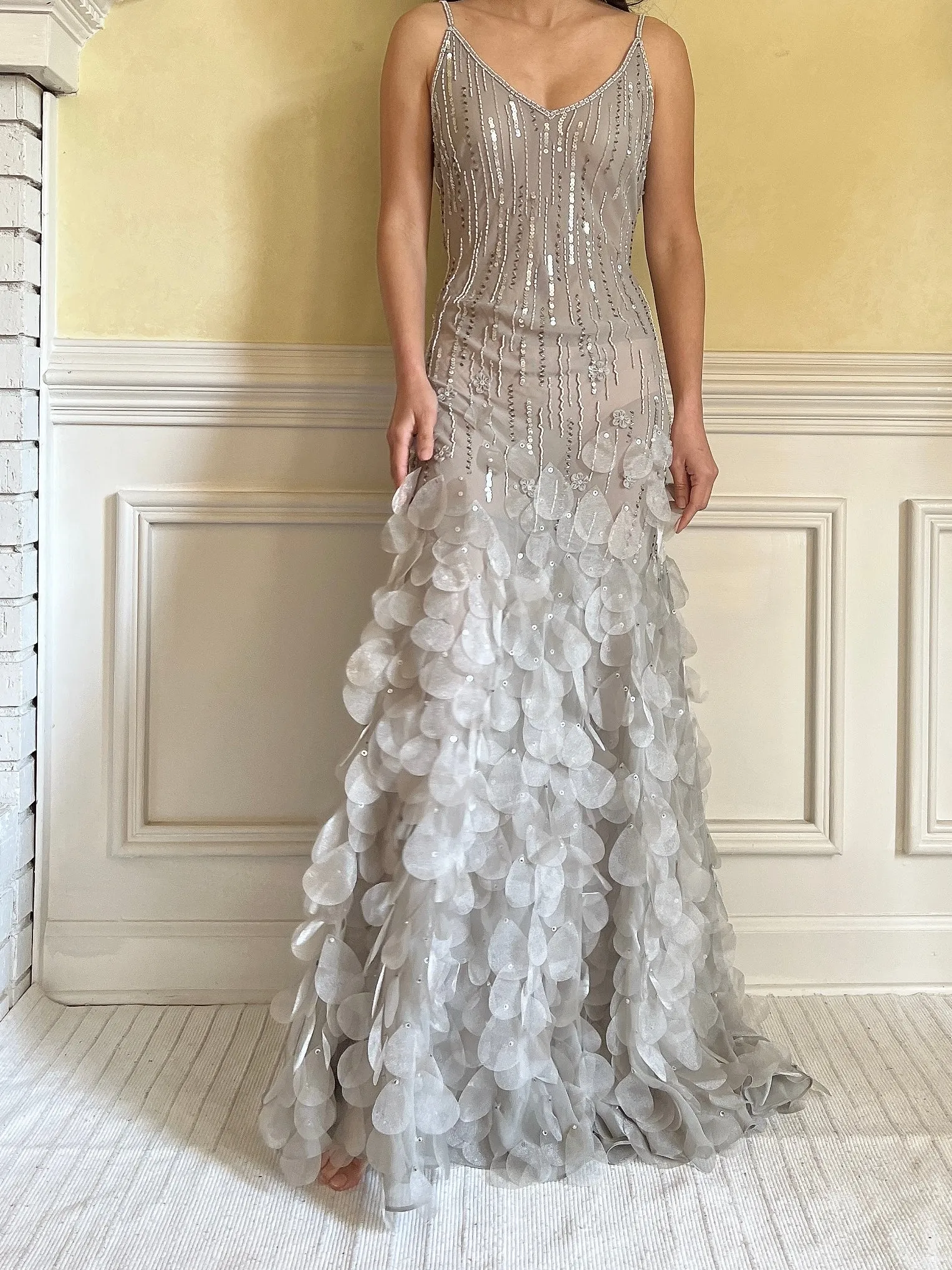 Vintage Light Gray Silk Beaded Petal Dress - M
