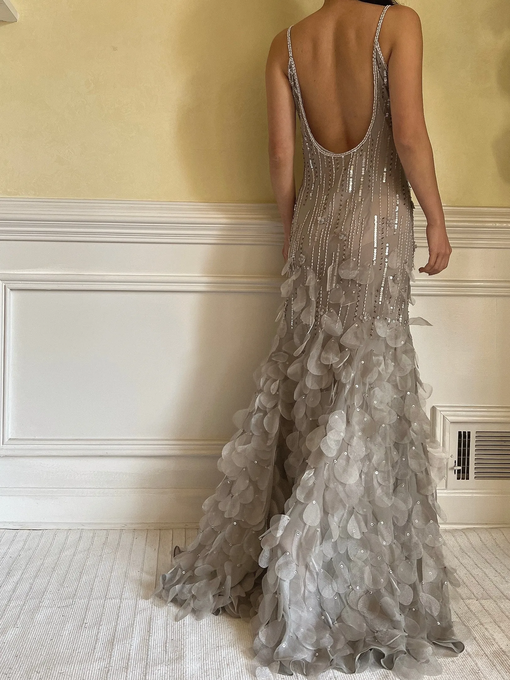 Vintage Light Gray Silk Beaded Petal Dress - M