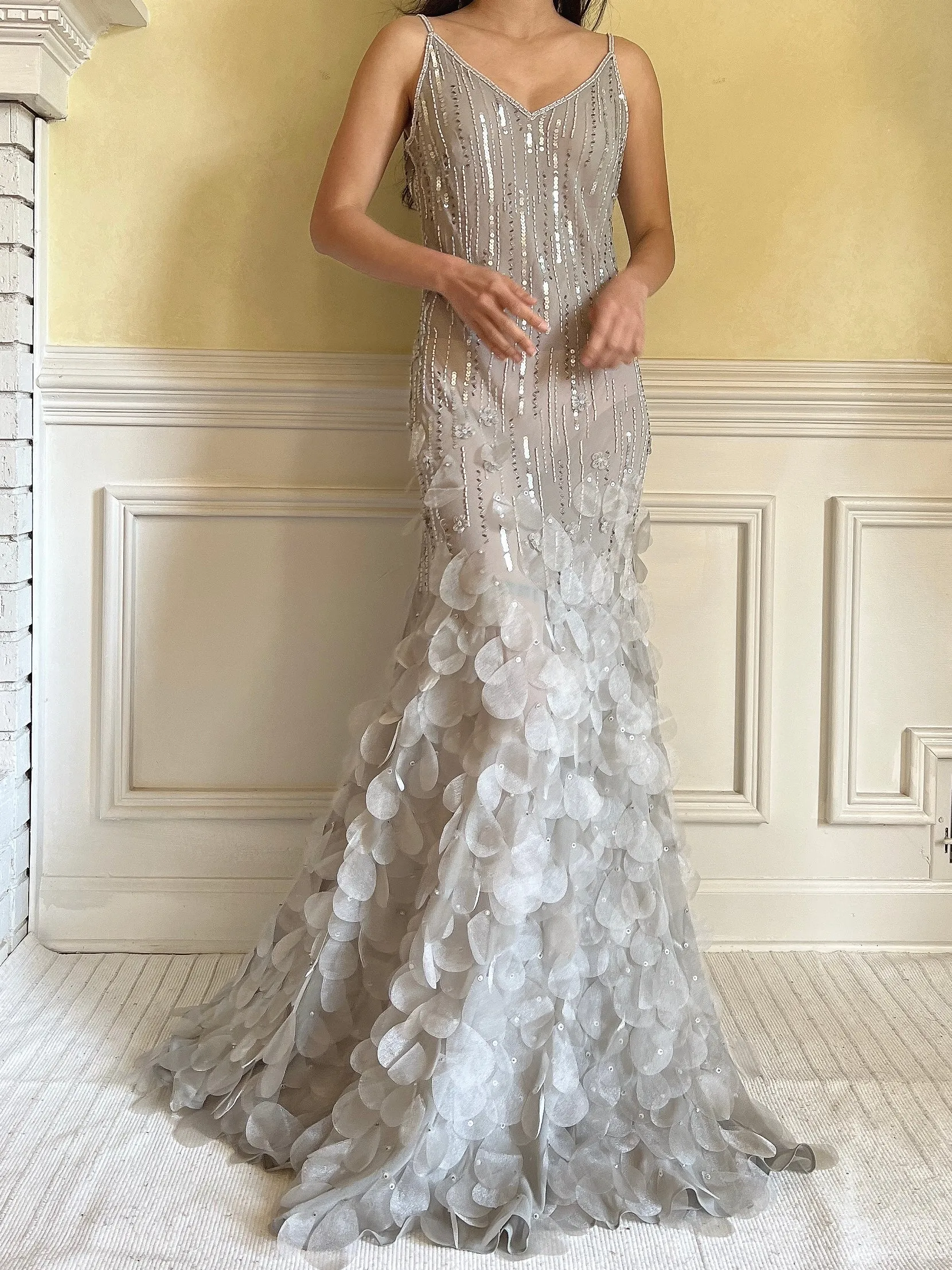 Vintage Light Gray Silk Beaded Petal Dress - M