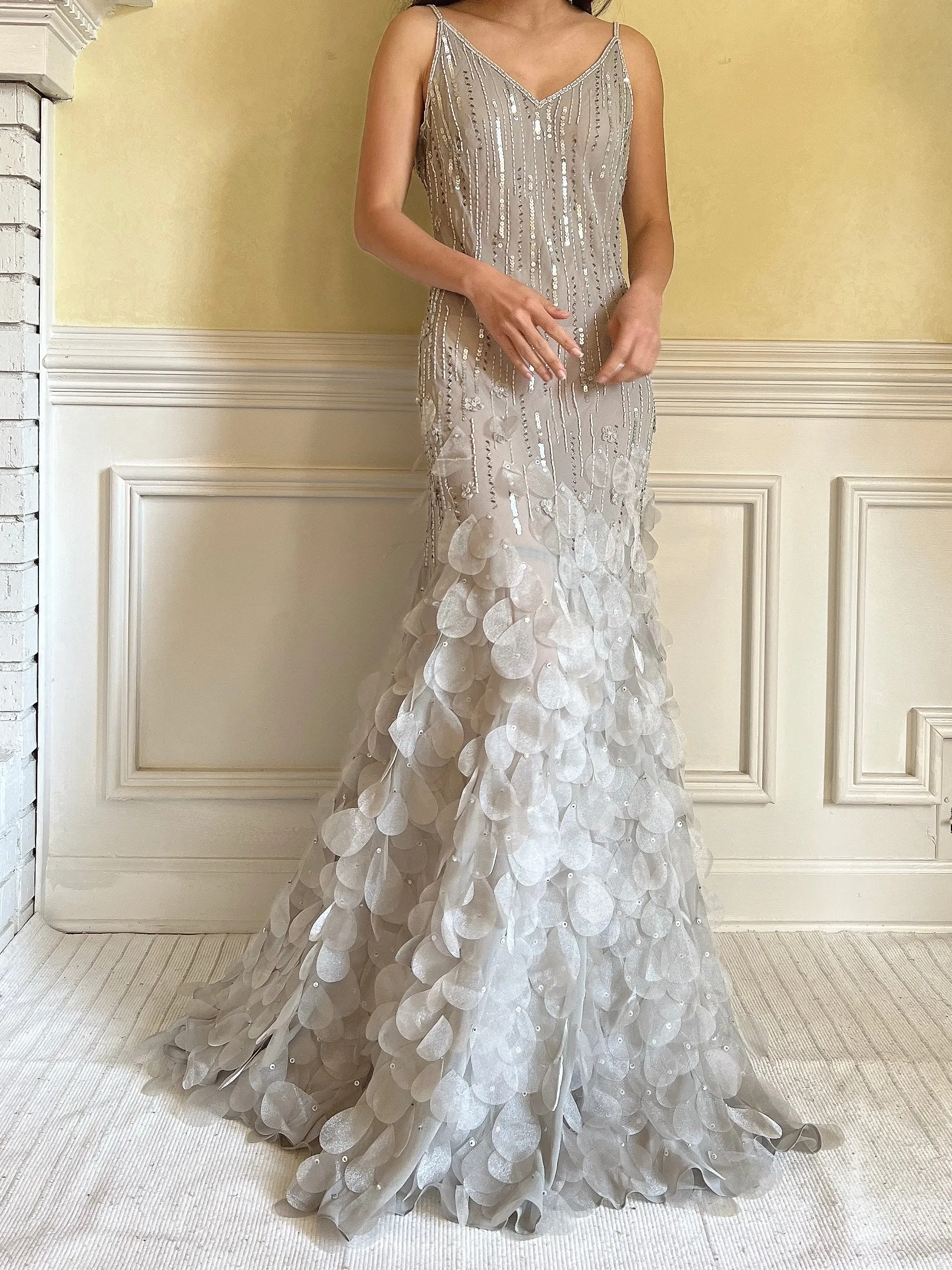 Vintage Light Gray Silk Beaded Petal Dress - M