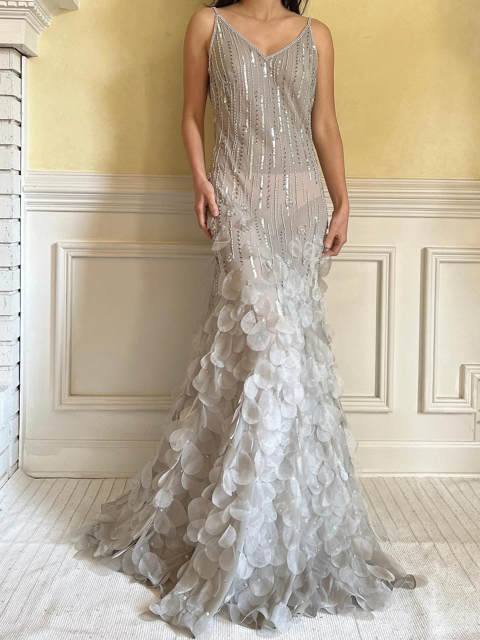 Vintage Light Gray Silk Beaded Petal Dress - M