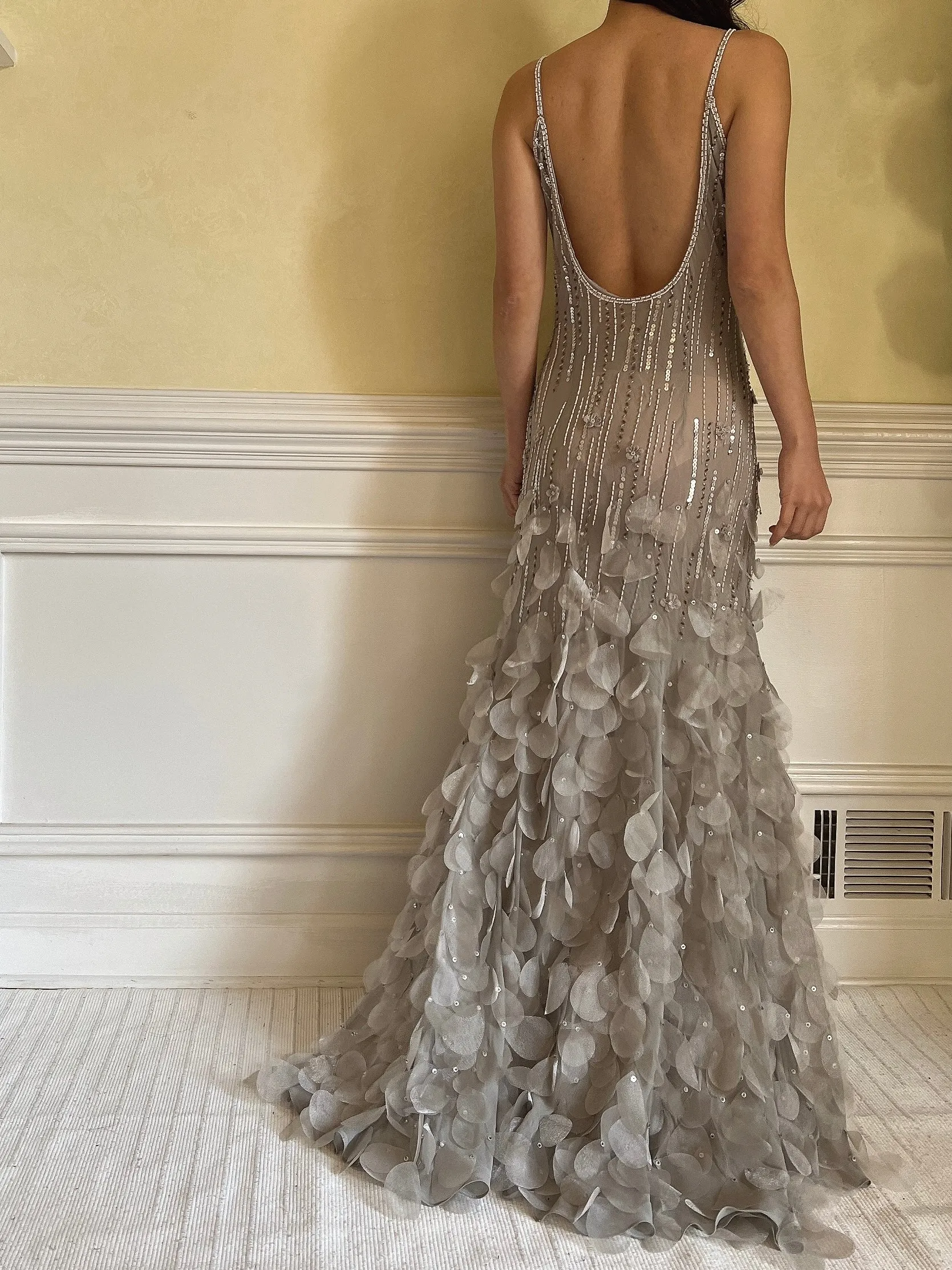 Vintage Light Gray Silk Beaded Petal Dress - M