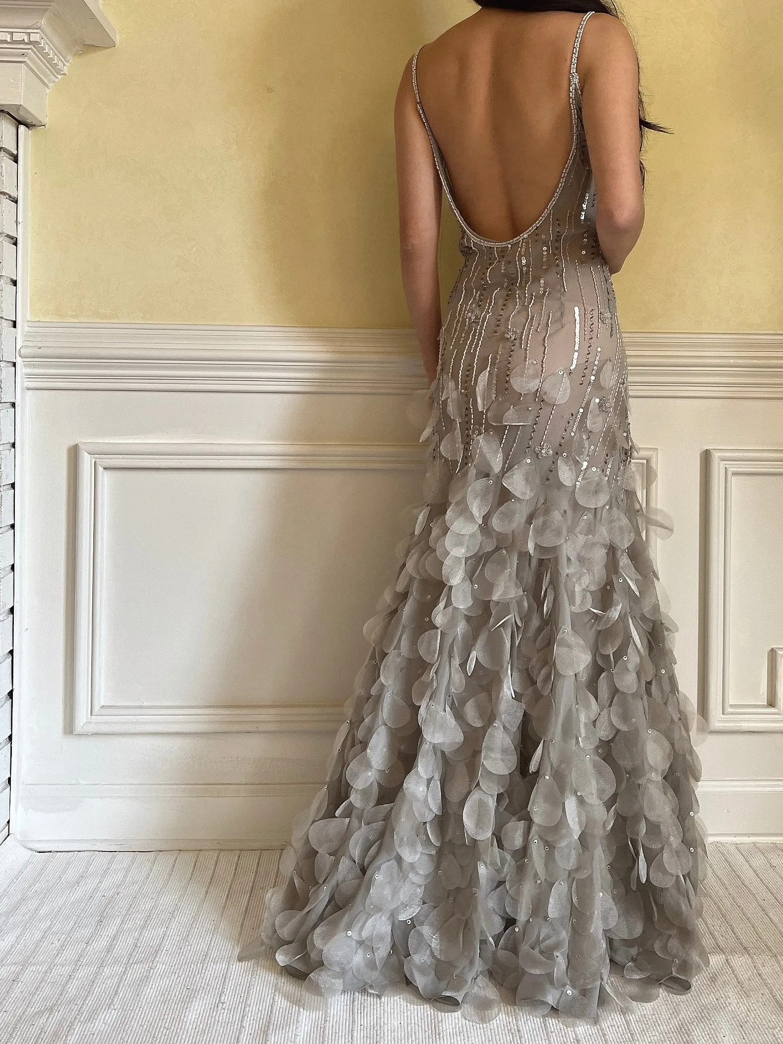 Vintage Light Gray Silk Beaded Petal Dress - M