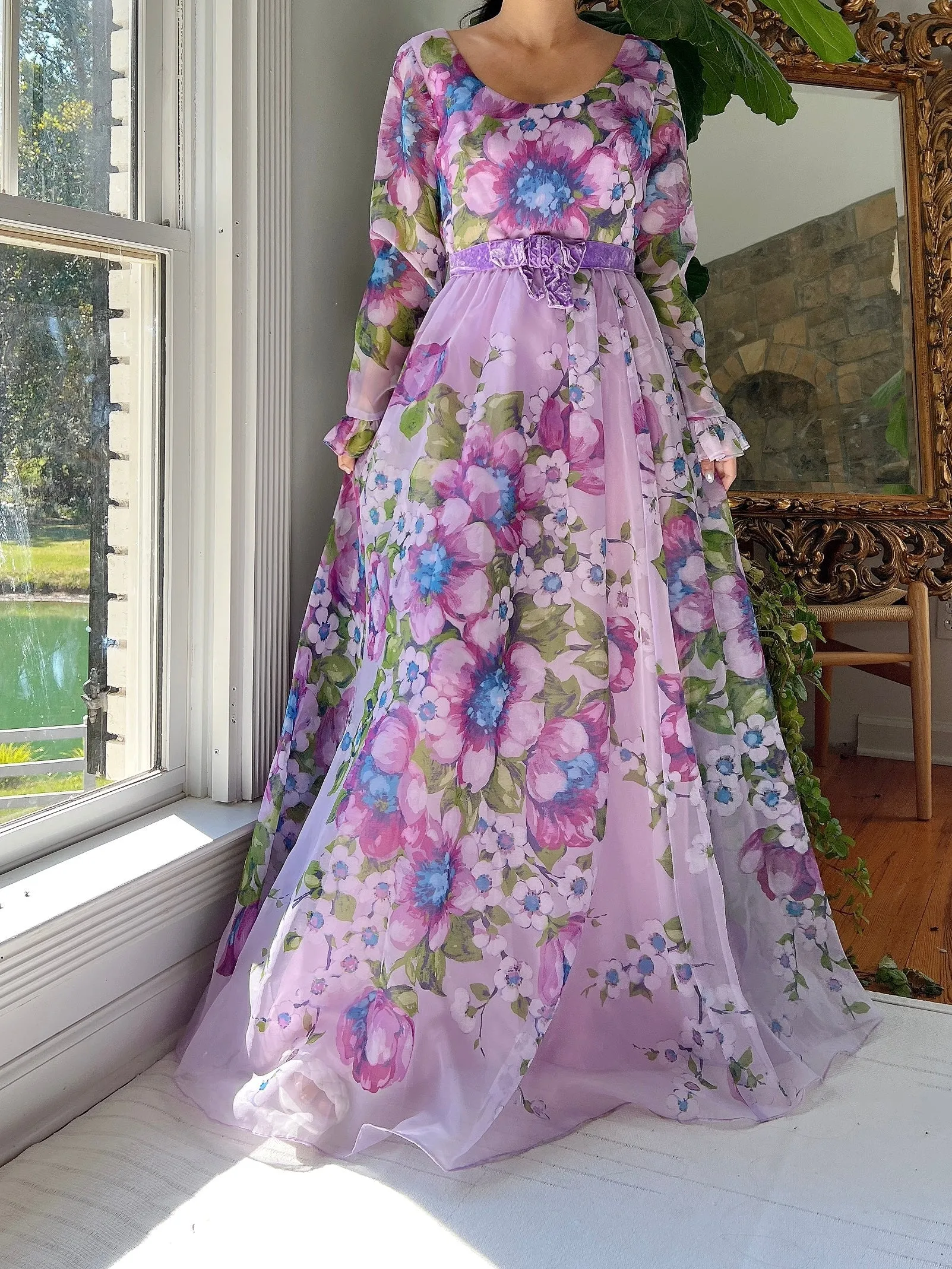 Vintage Nylon Chiffon Floral Dress - S