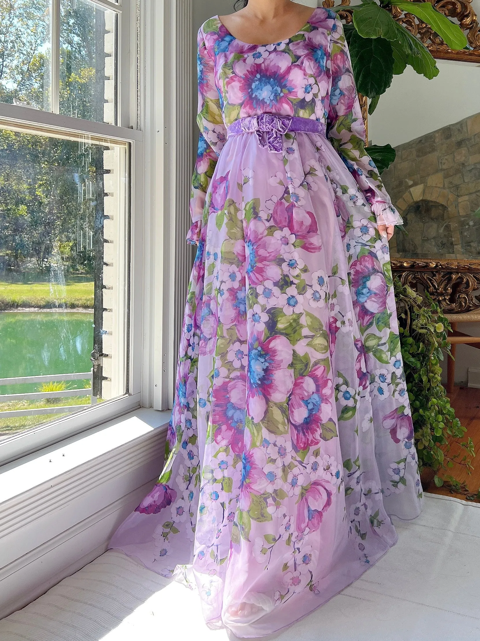 Vintage Nylon Chiffon Floral Dress - S