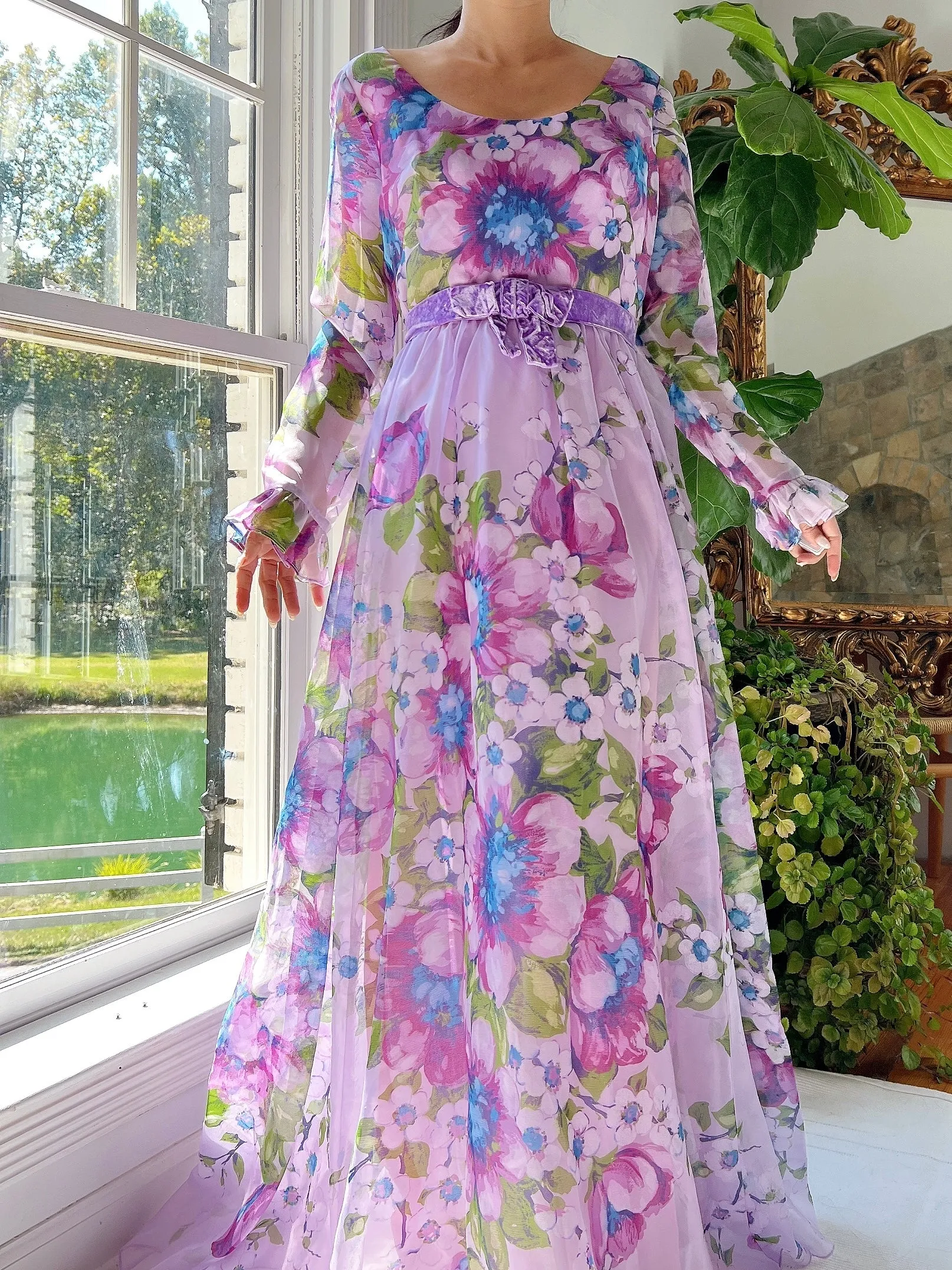 Vintage Nylon Chiffon Floral Dress - S