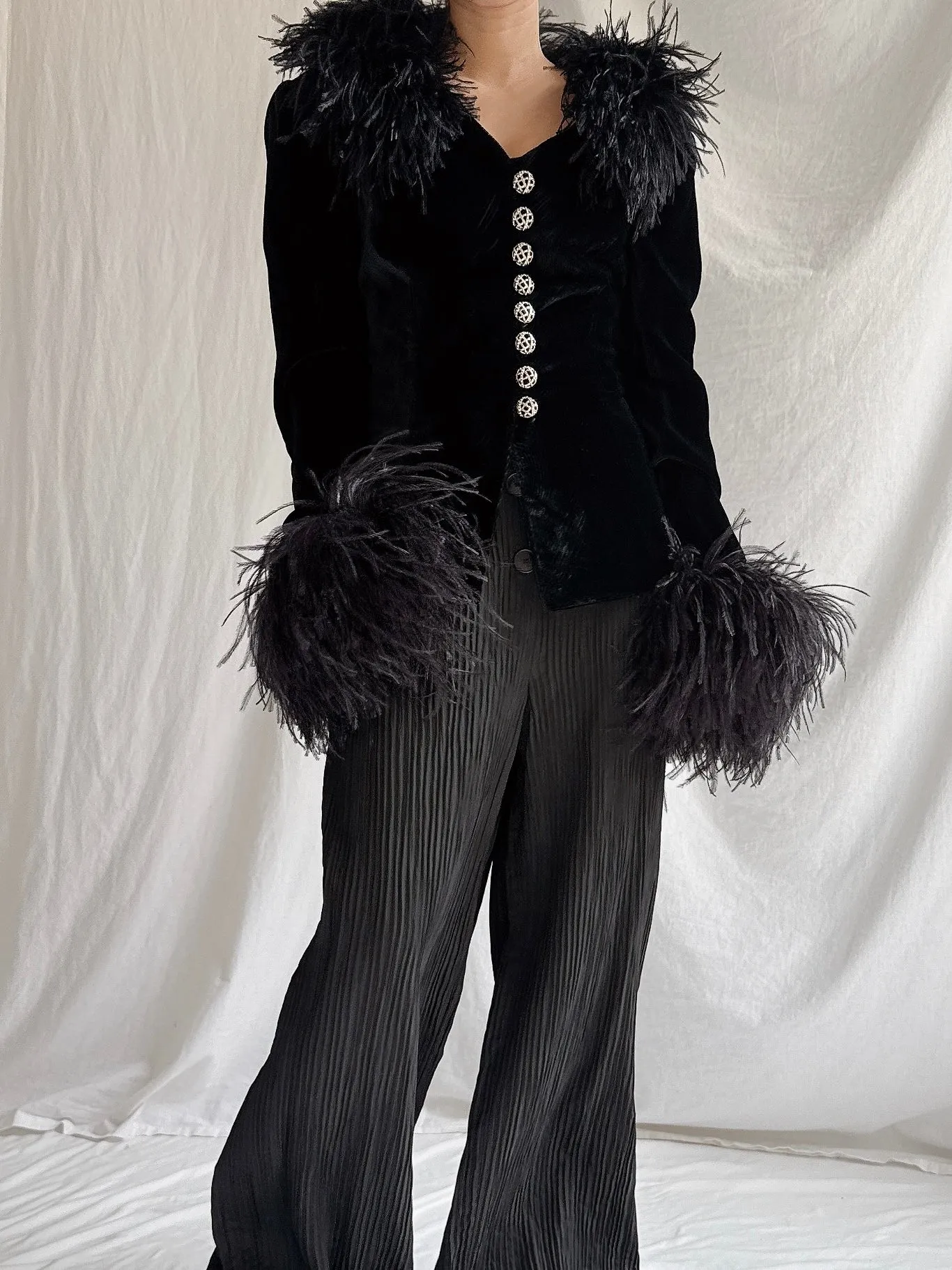 Vintage Paola Baccini Italy Ostrich Feather Silk Velvet Jacket - M/L