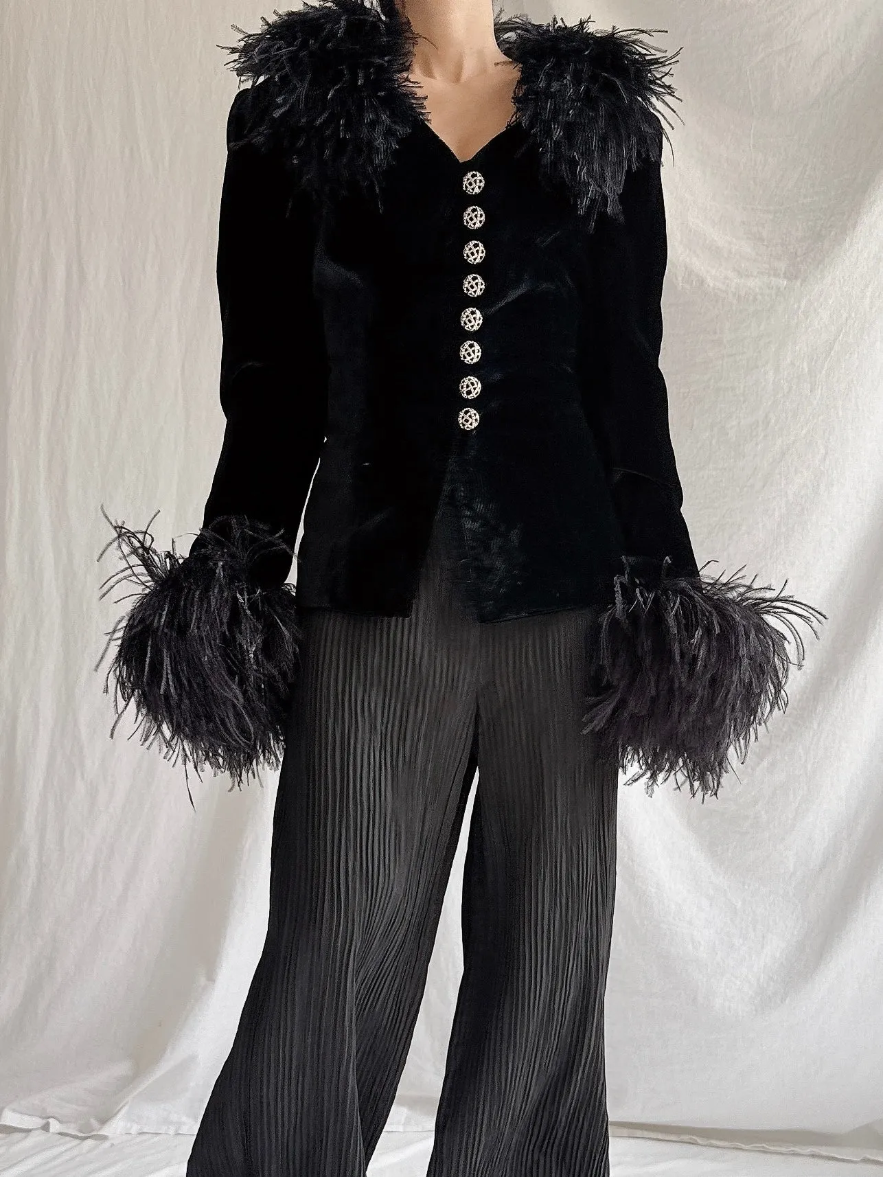 Vintage Paola Baccini Italy Ostrich Feather Silk Velvet Jacket - M/L
