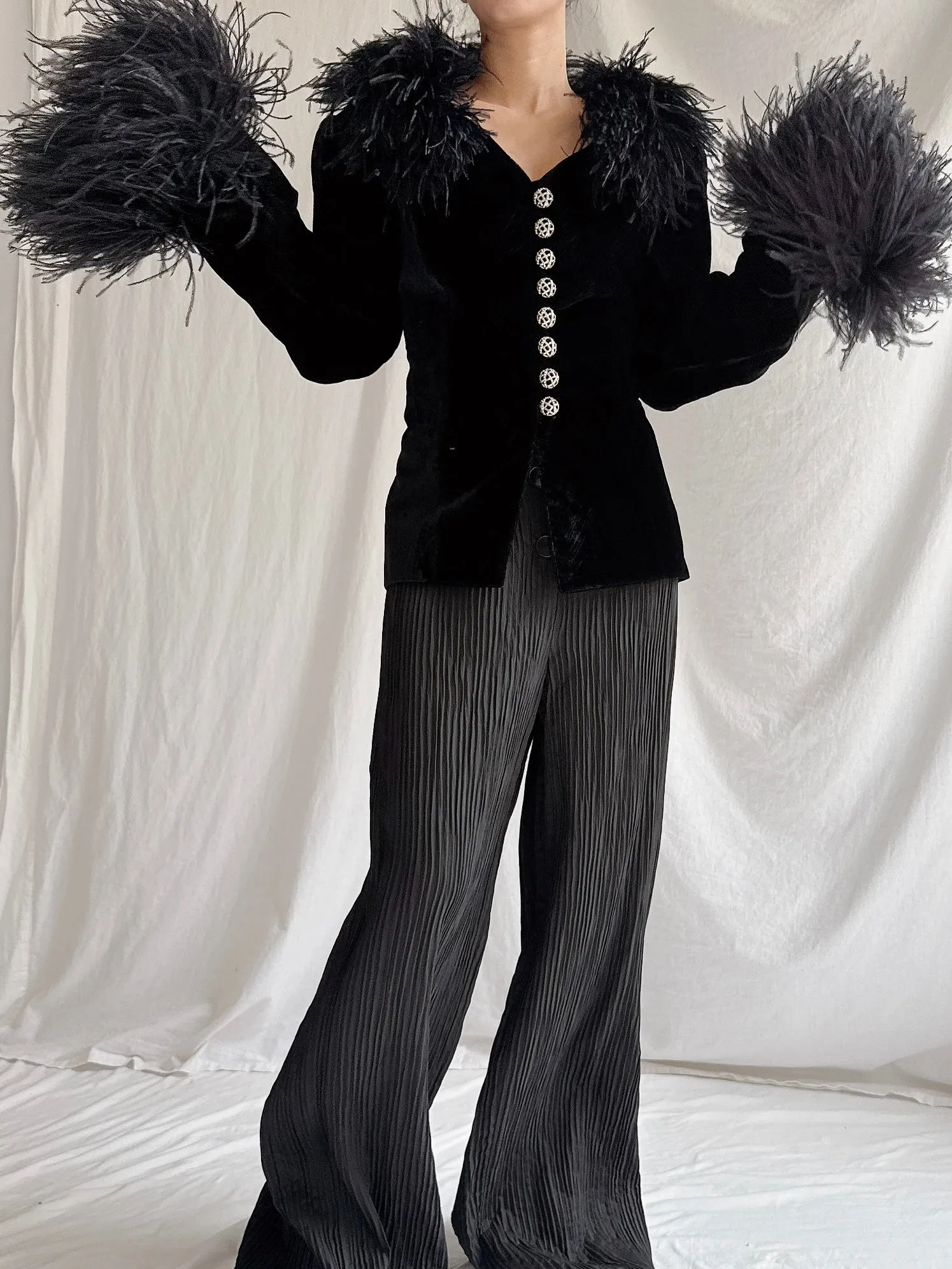 Vintage Paola Baccini Italy Ostrich Feather Silk Velvet Jacket - M/L