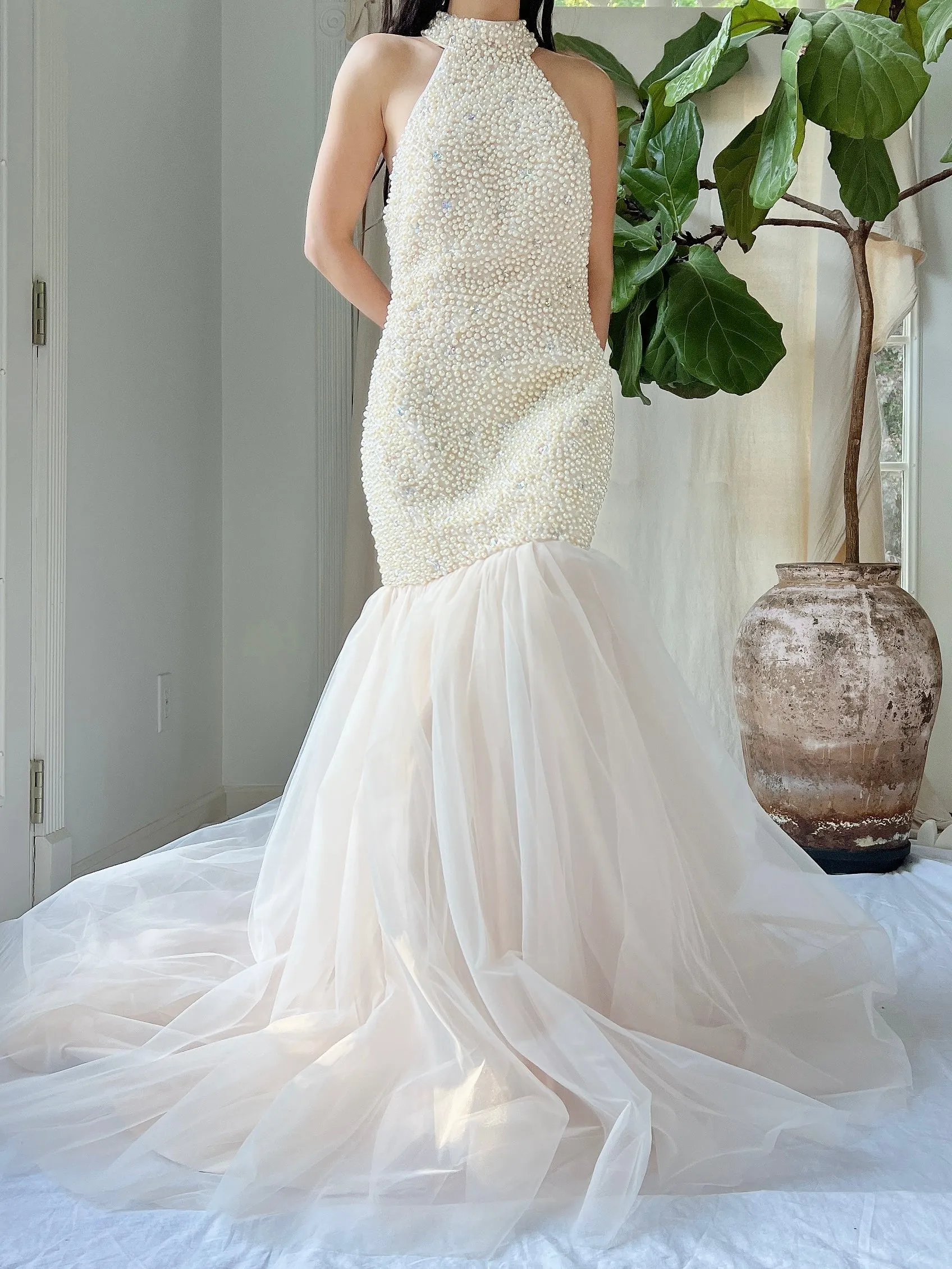 Vintage Pearl Beaded Mermaid Dress - M