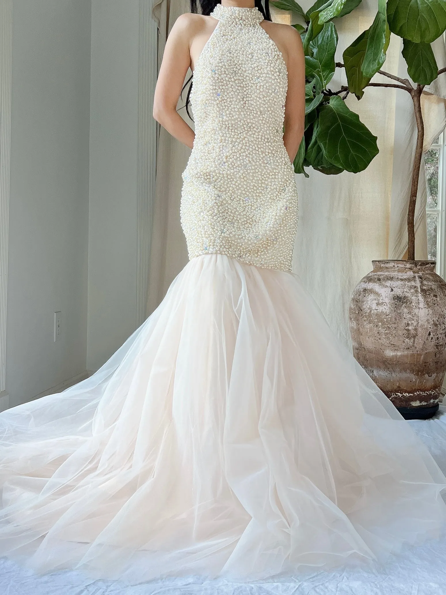 Vintage Pearl Beaded Mermaid Dress - M