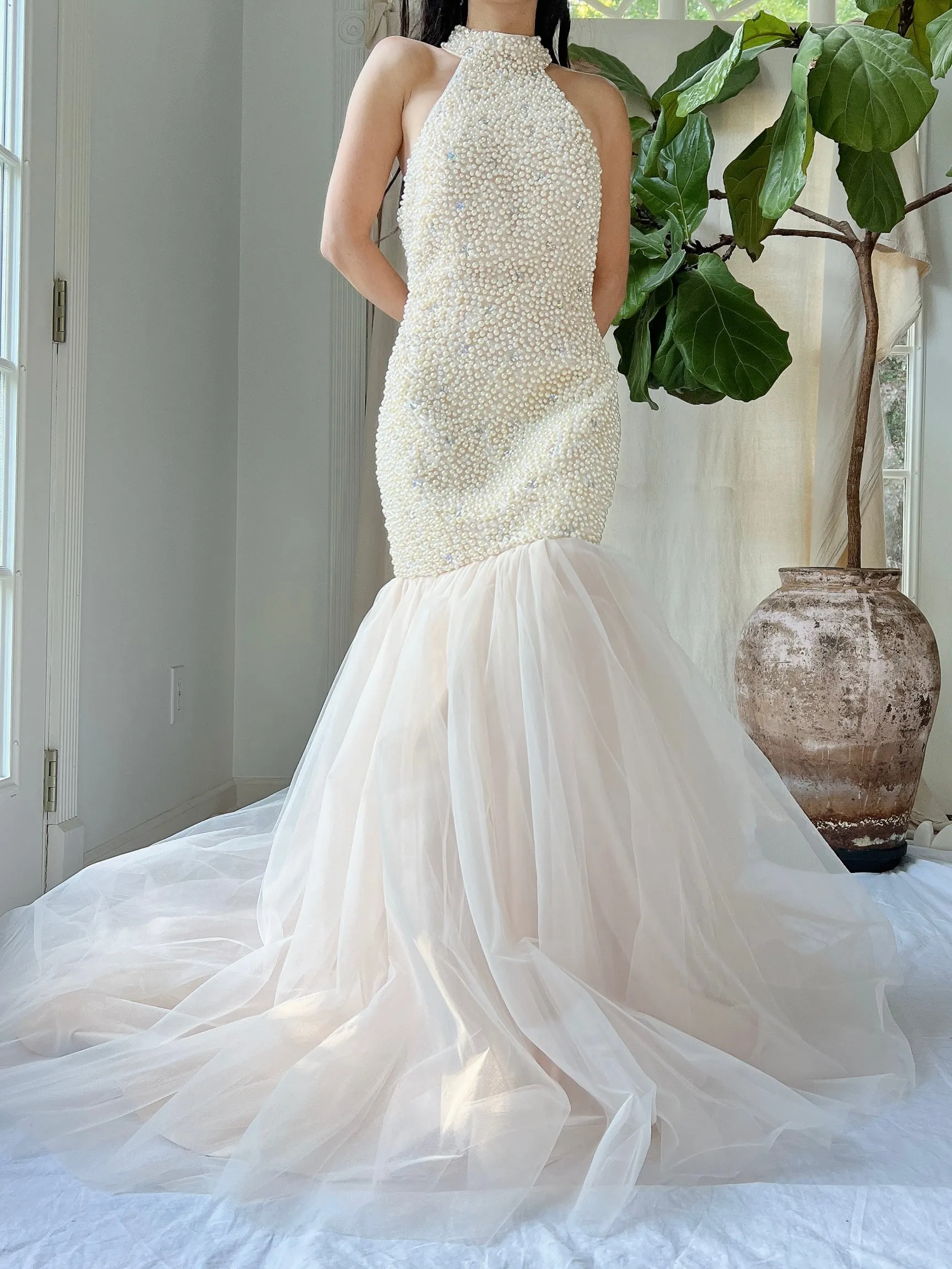 Vintage Pearl Beaded Mermaid Dress - M