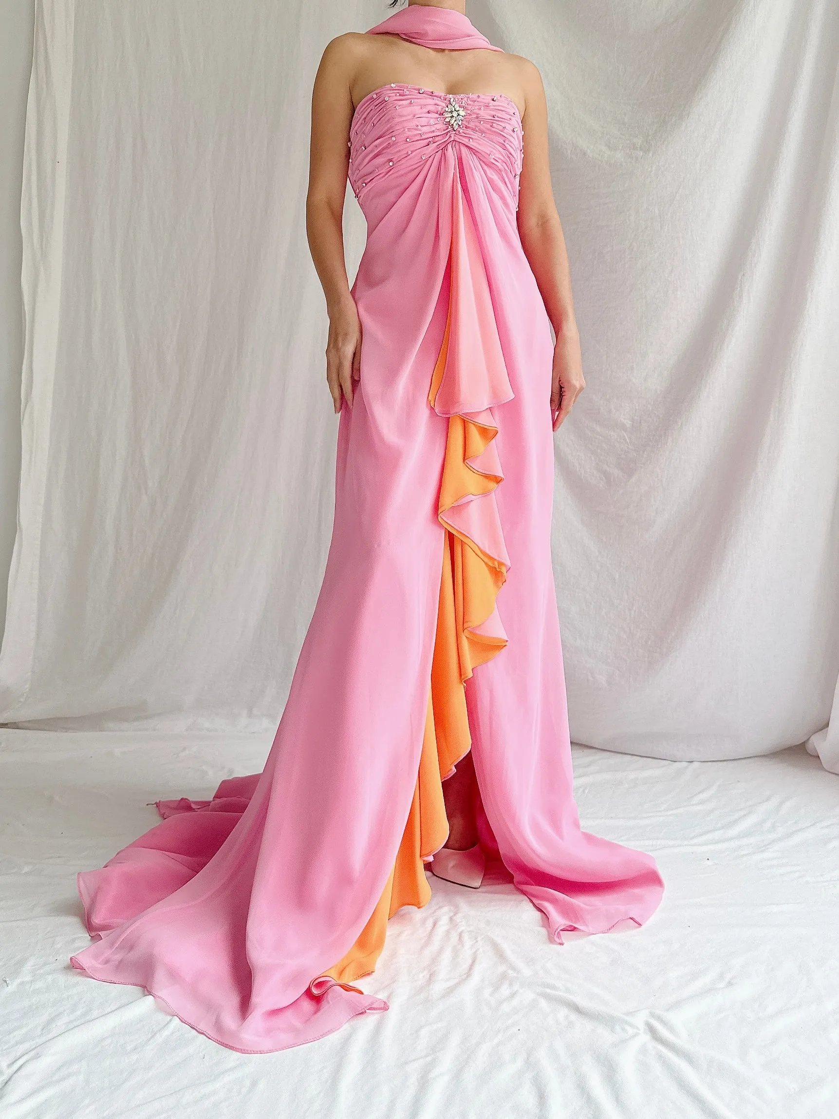Vintage Pink/Sherbet Chiffon Gown - M