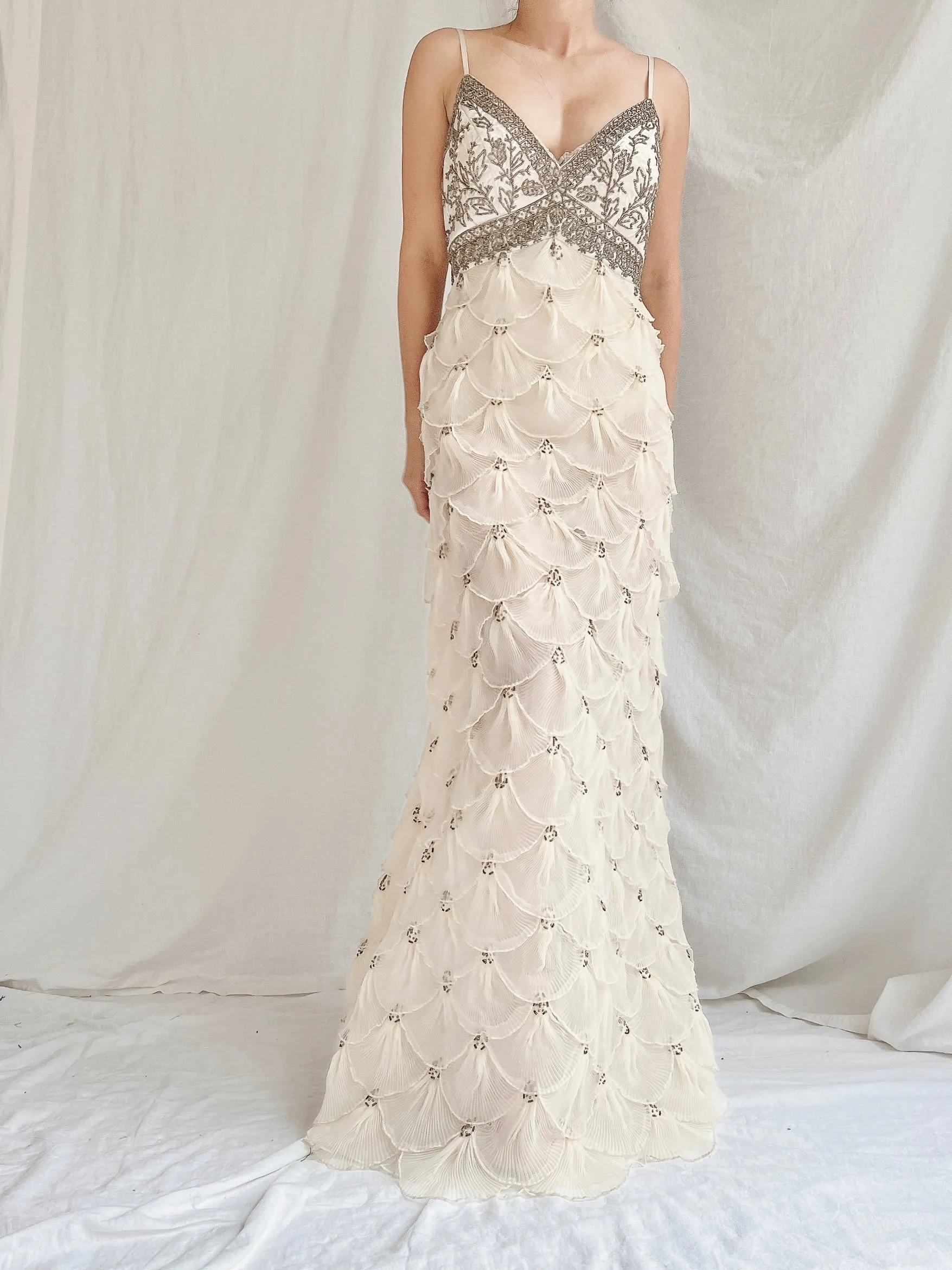 Vintage Pleated Petal Beaded Bodice Dress - S (US 4/6)