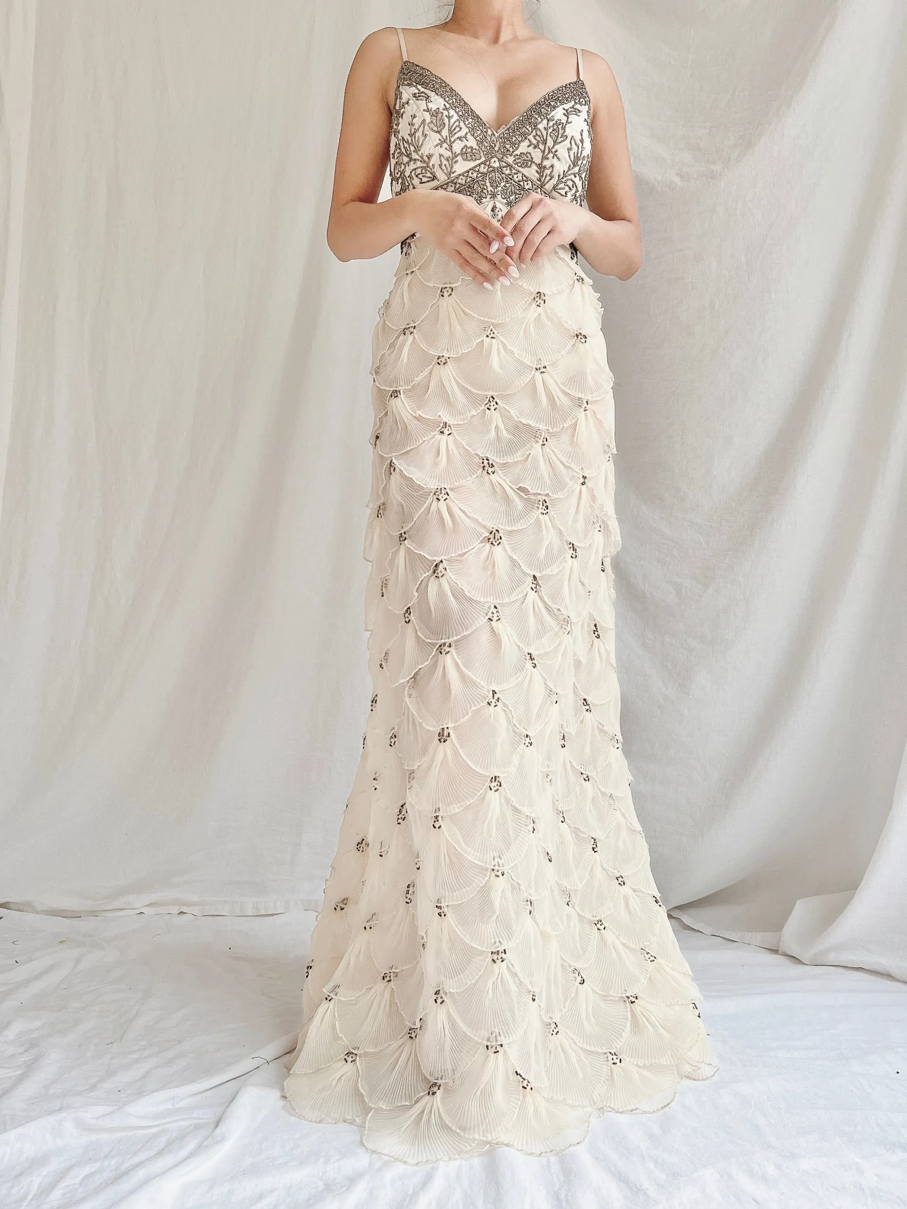 Vintage Pleated Petal Beaded Bodice Dress - S (US 4/6)