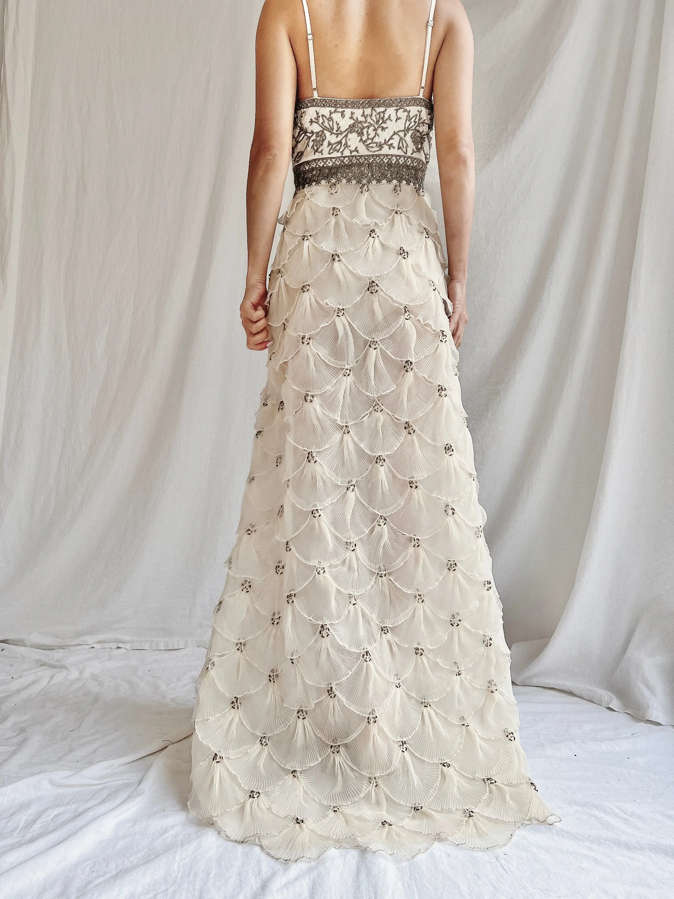 Vintage Pleated Petal Beaded Bodice Dress - S (US 4/6)