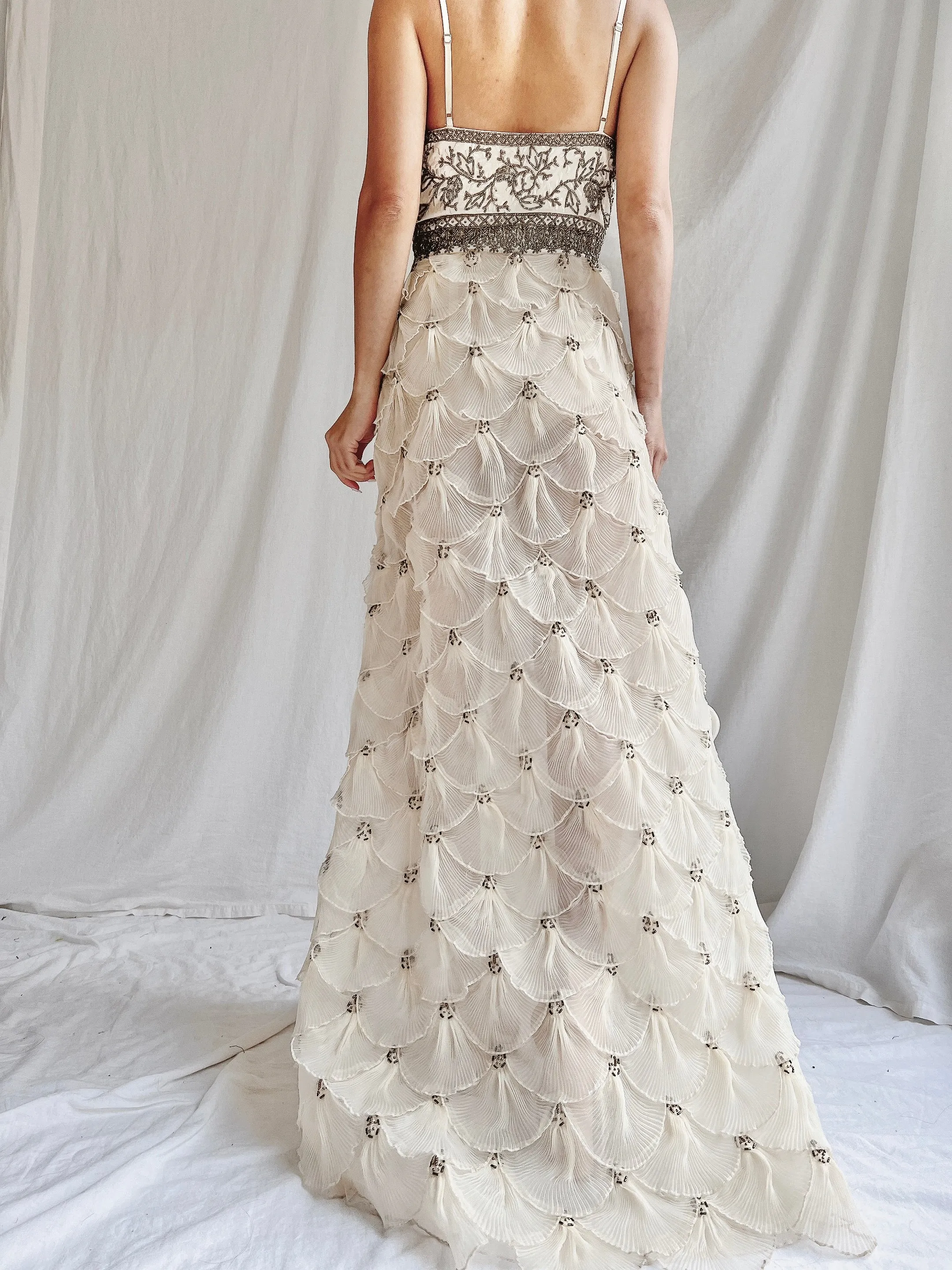 Vintage Pleated Petal Beaded Bodice Dress - S (US 4/6)