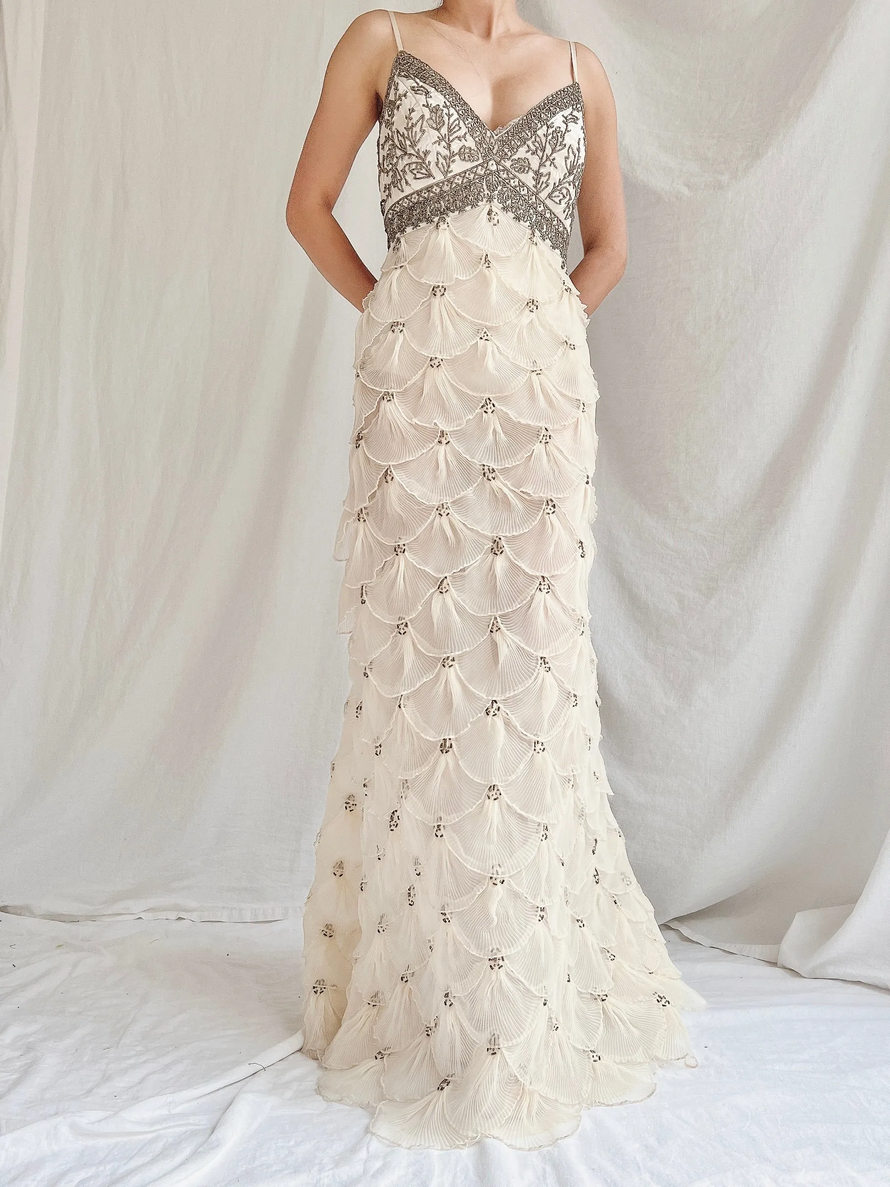 Vintage Pleated Petal Beaded Bodice Dress - S (US 4/6)