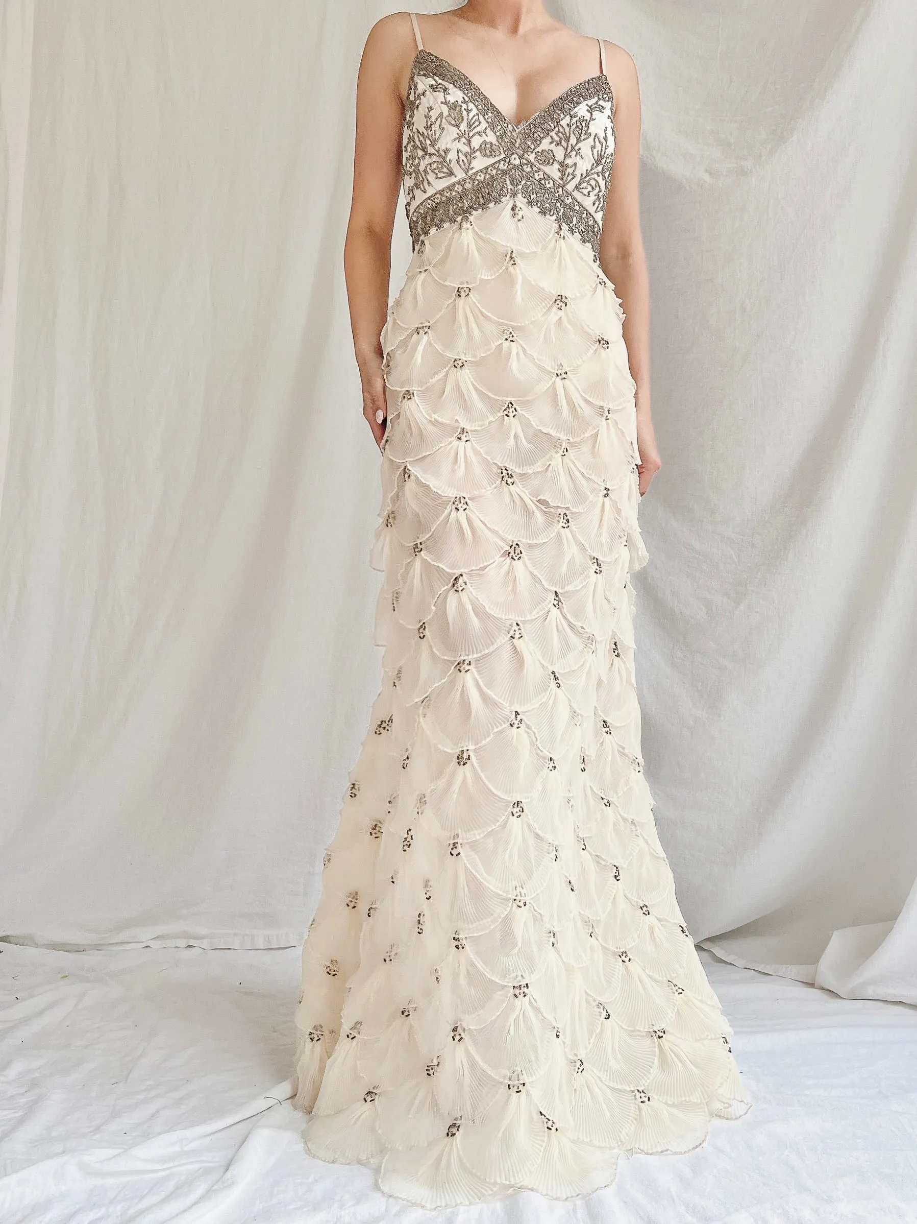 Vintage Pleated Petal Beaded Bodice Dress - S (US 4/6)