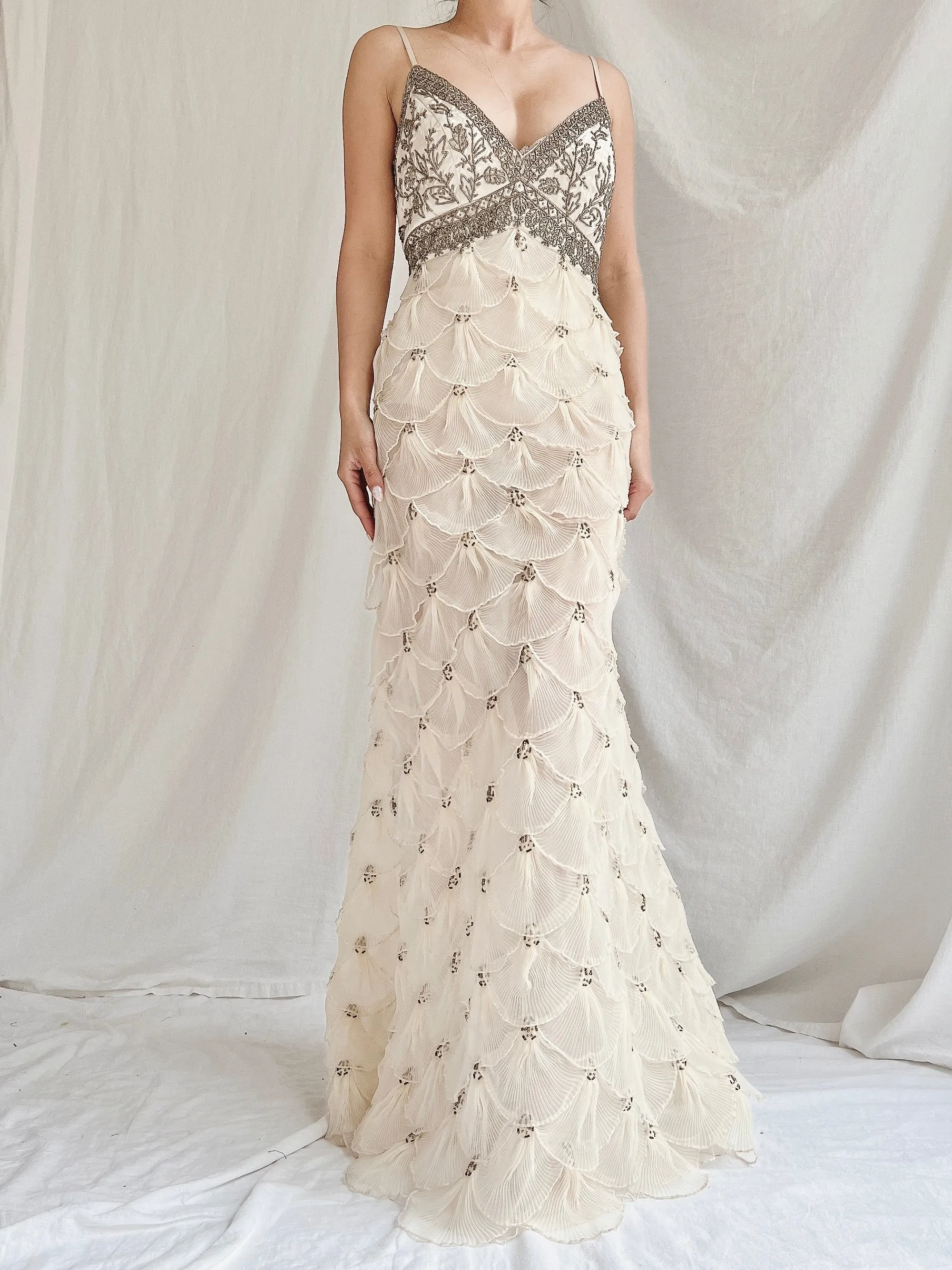 Vintage Pleated Petal Beaded Bodice Dress - S (US 4/6)