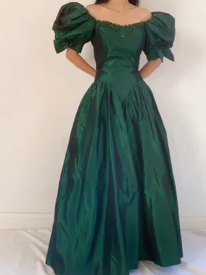 Vintage Puff Sleeve Emerald Taffeta Gown - XS/S