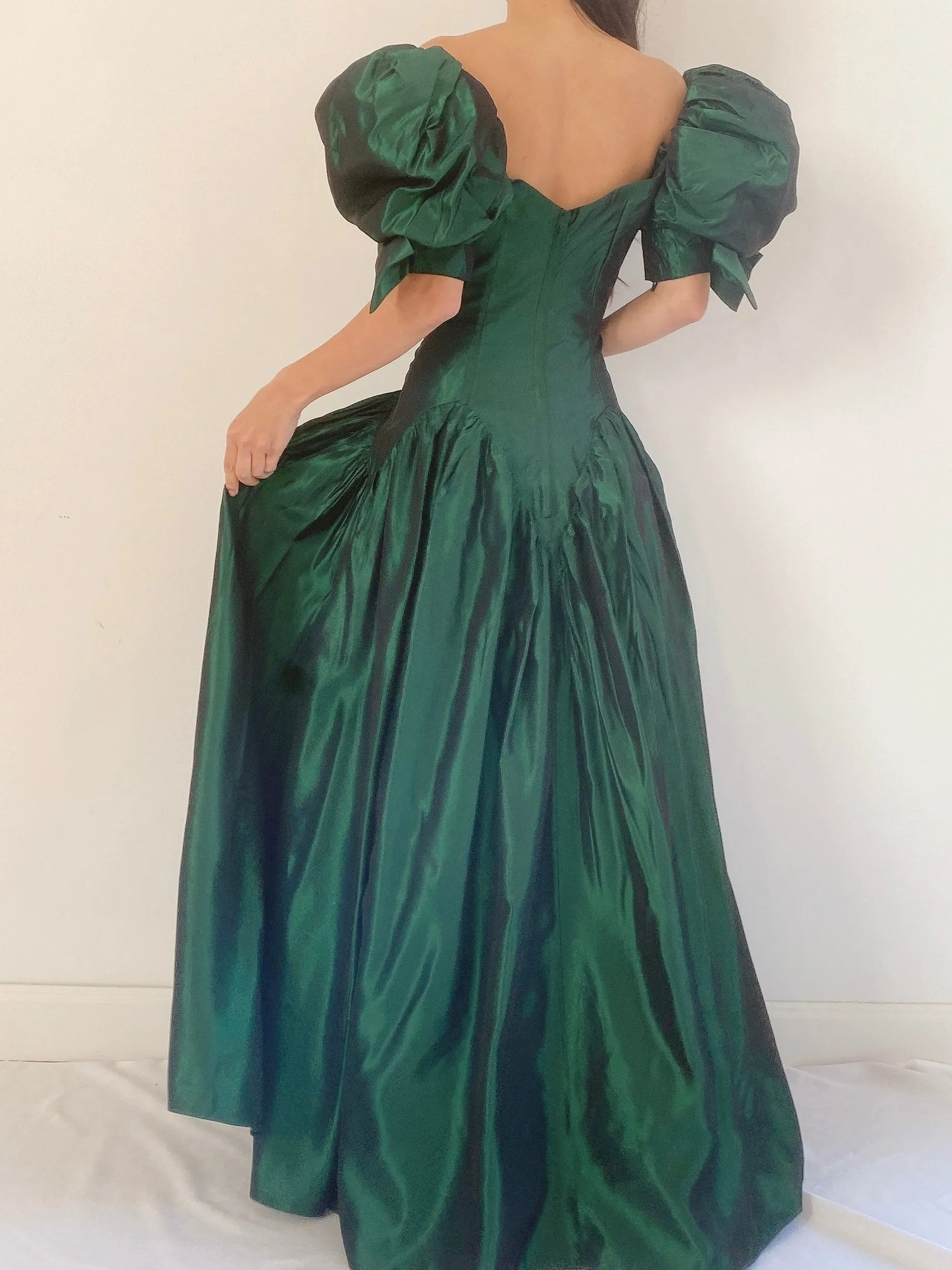 Vintage Puff Sleeve Emerald Taffeta Gown - XS/S