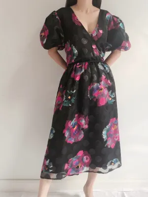 Vintage Puff Sleeves Floral Dress - S-M
