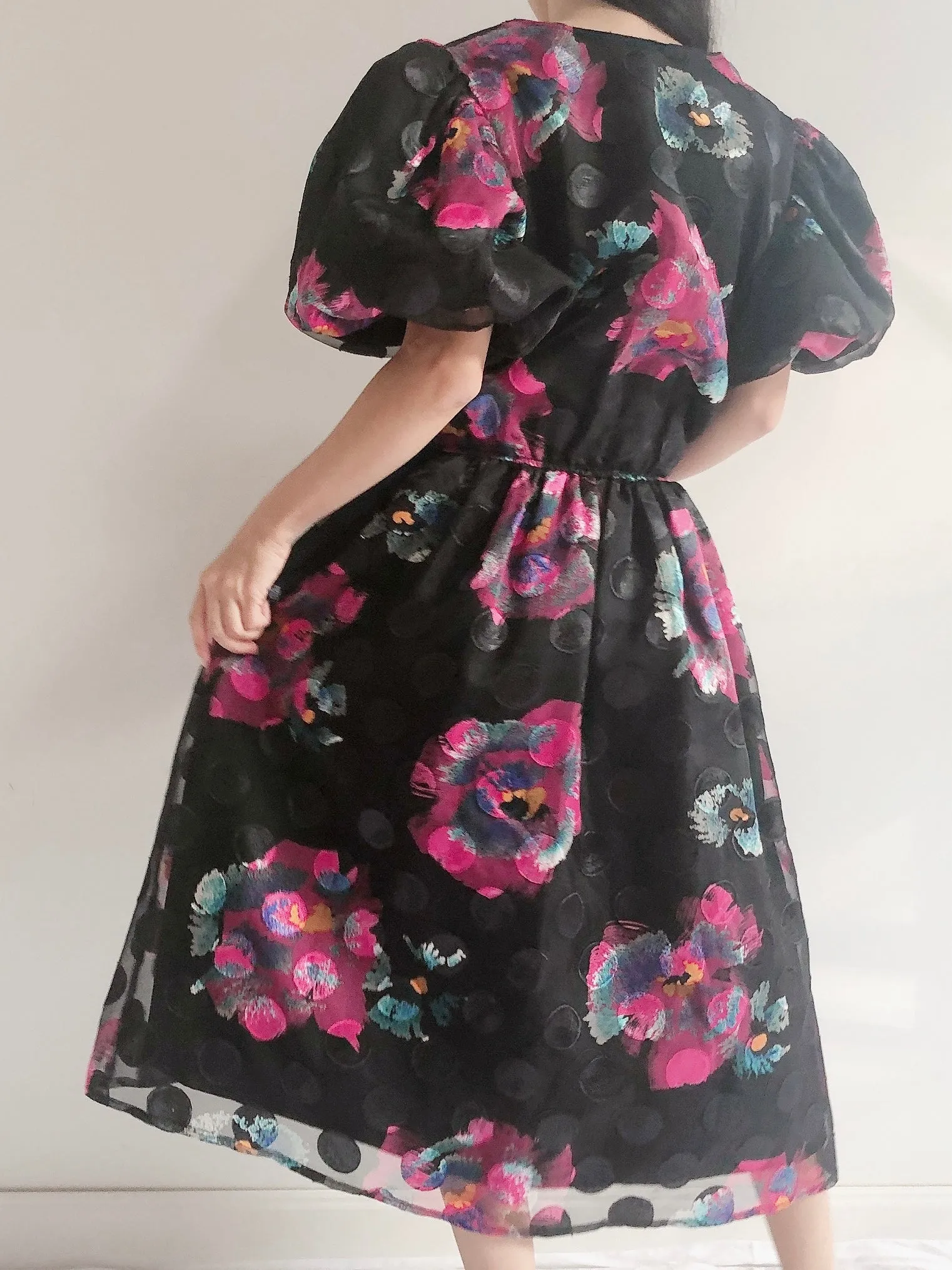 Vintage Puff Sleeves Floral Dress - S-M