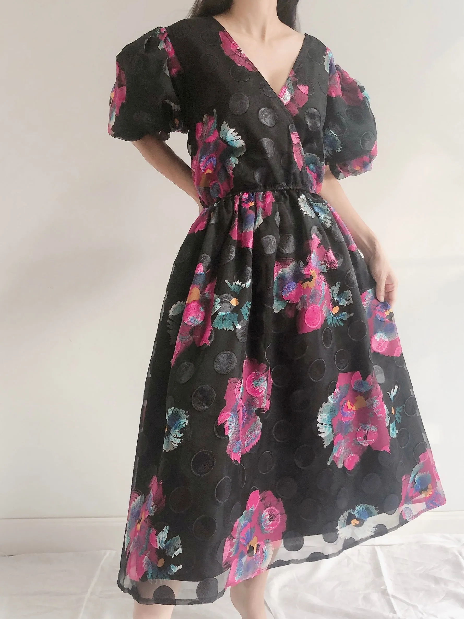 Vintage Puff Sleeves Floral Dress - S-M