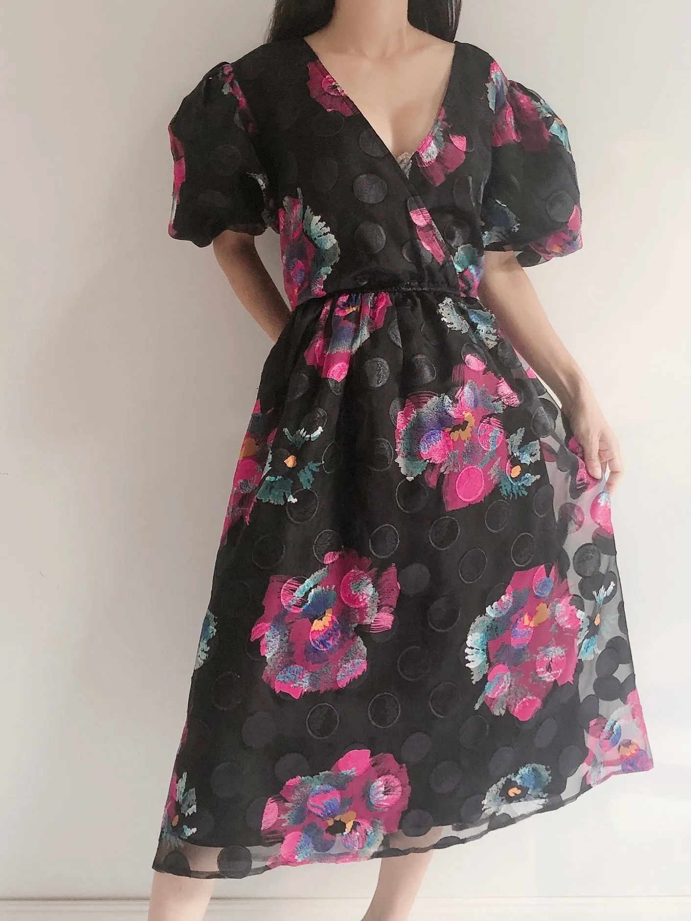 Vintage Puff Sleeves Floral Dress - S-M