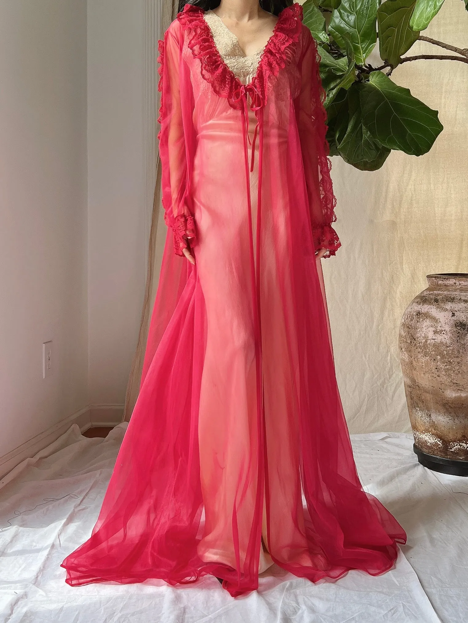 Vintage Red Nylon Dressing Gown - OSFM
