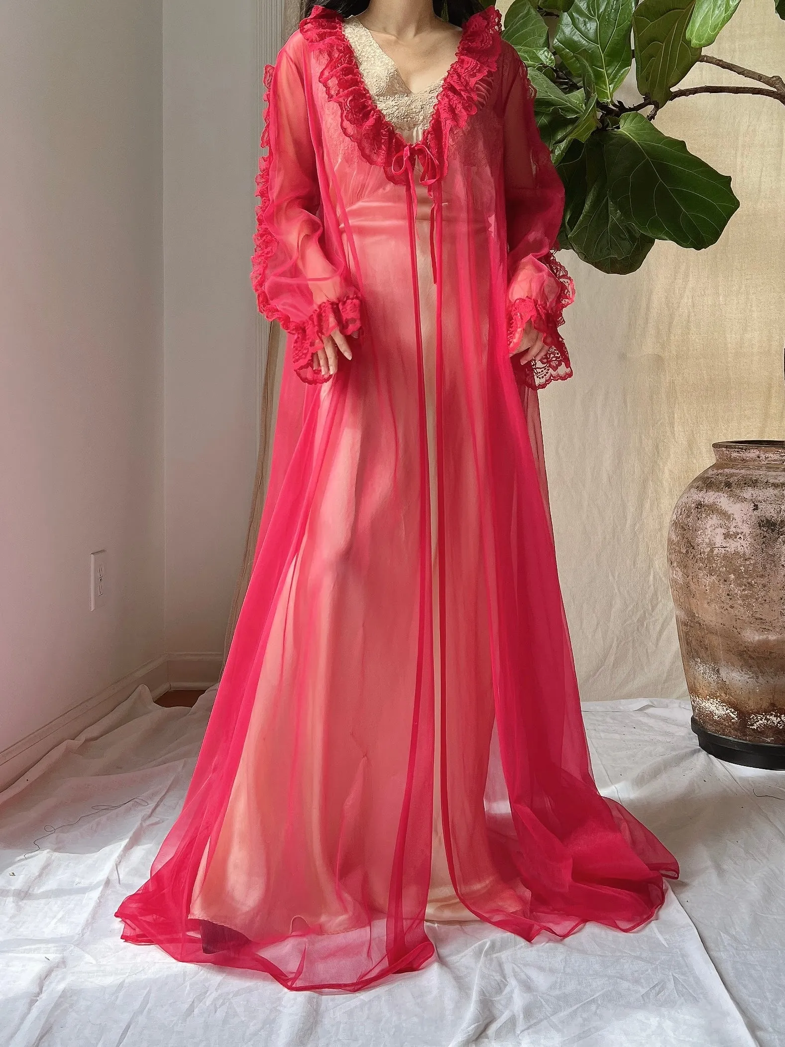 Vintage Red Nylon Dressing Gown - OSFM