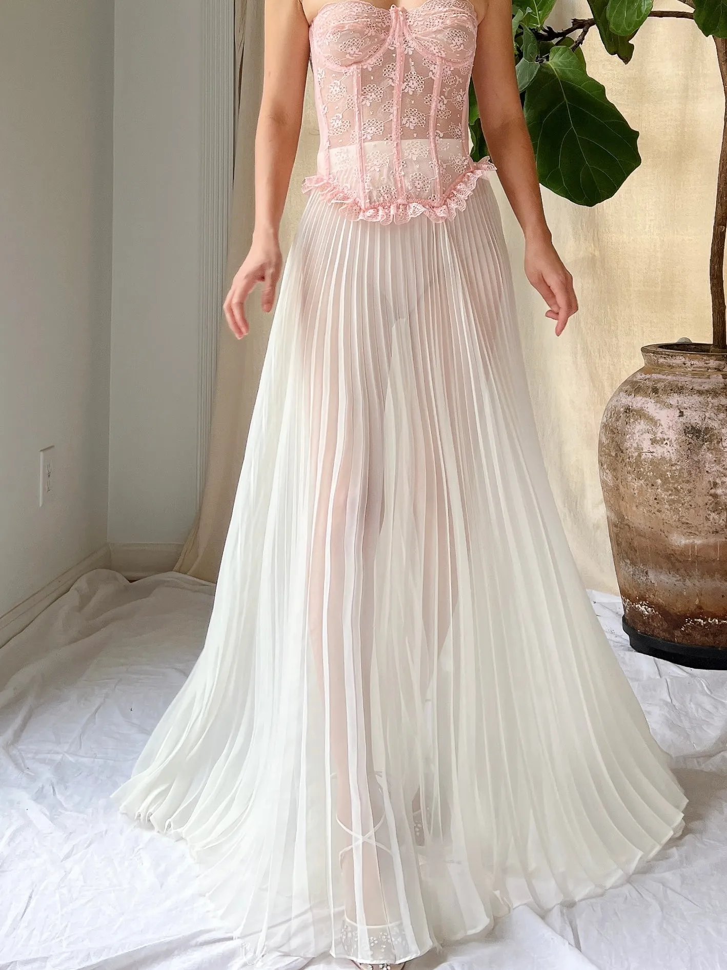 Vintage Sheer Chiffon Pleated Skirt - S