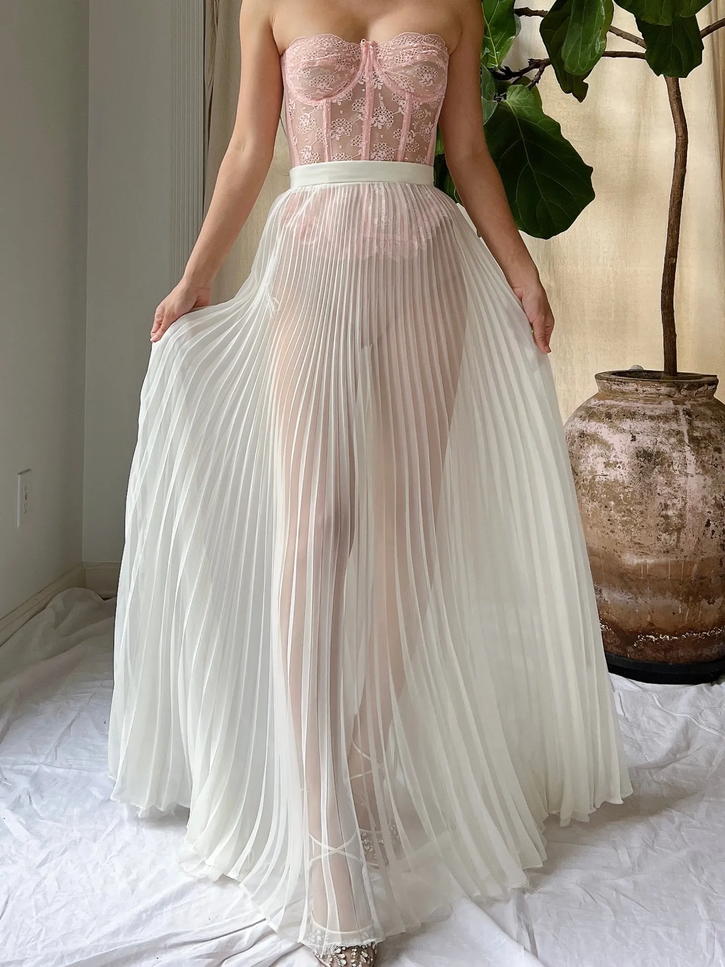 Vintage Sheer Chiffon Pleated Skirt - S