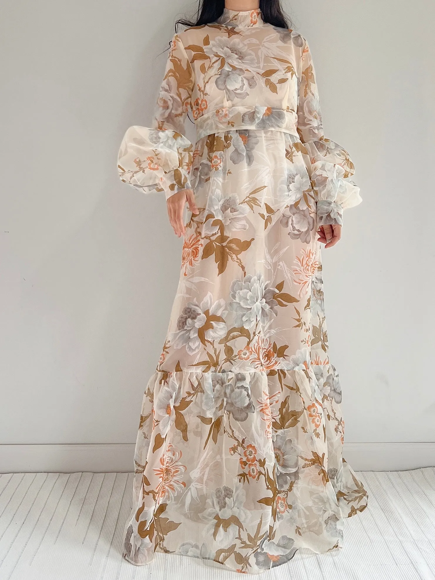 Vintage Sheer Voile Floral Gown - L