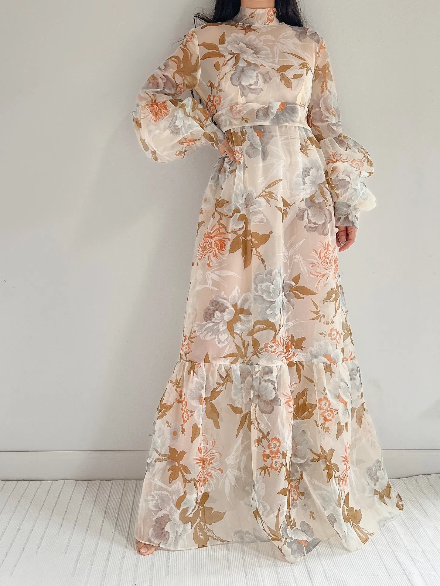 Vintage Sheer Voile Floral Gown - L