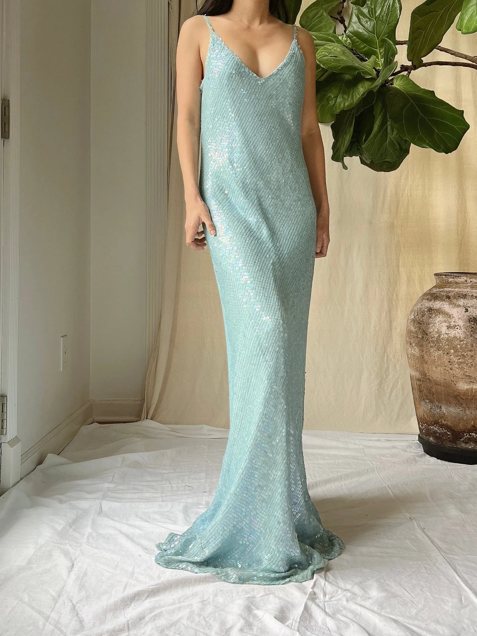 Vintage Silk Chiffon Sequins Gown - M