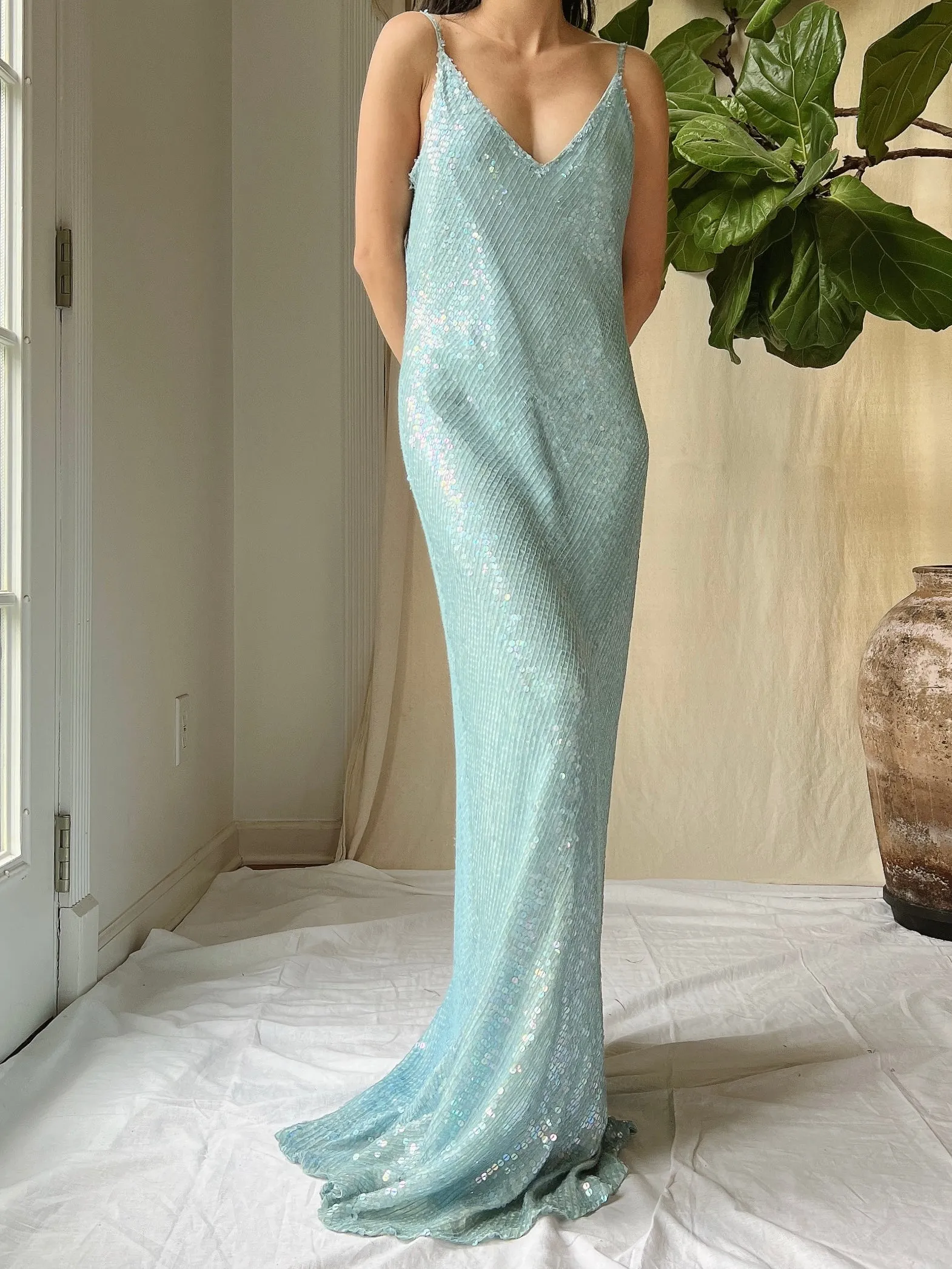 Vintage Silk Chiffon Sequins Gown - M