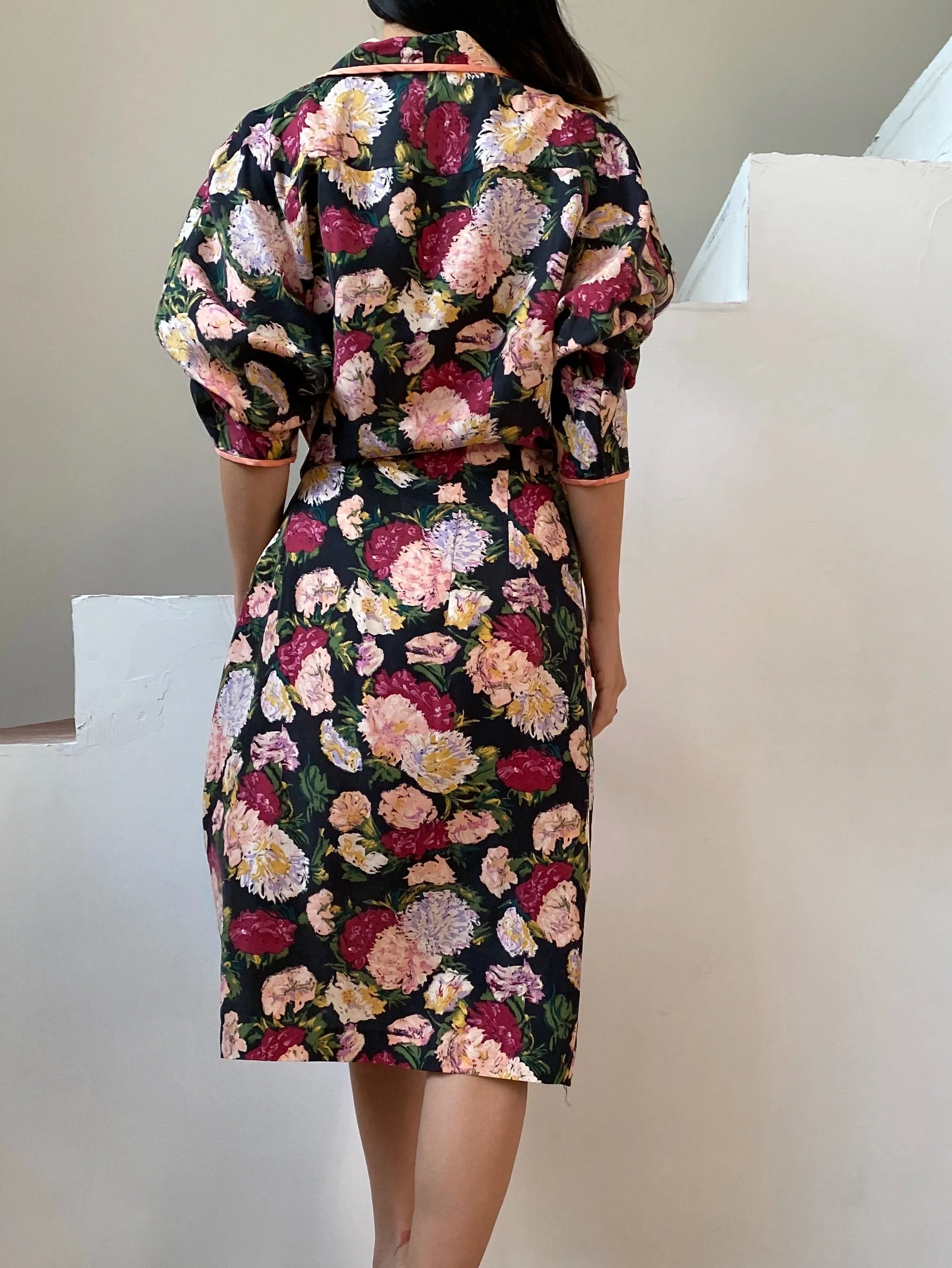 Vintage Silk Floral Print Wrap Dress/Duster - M