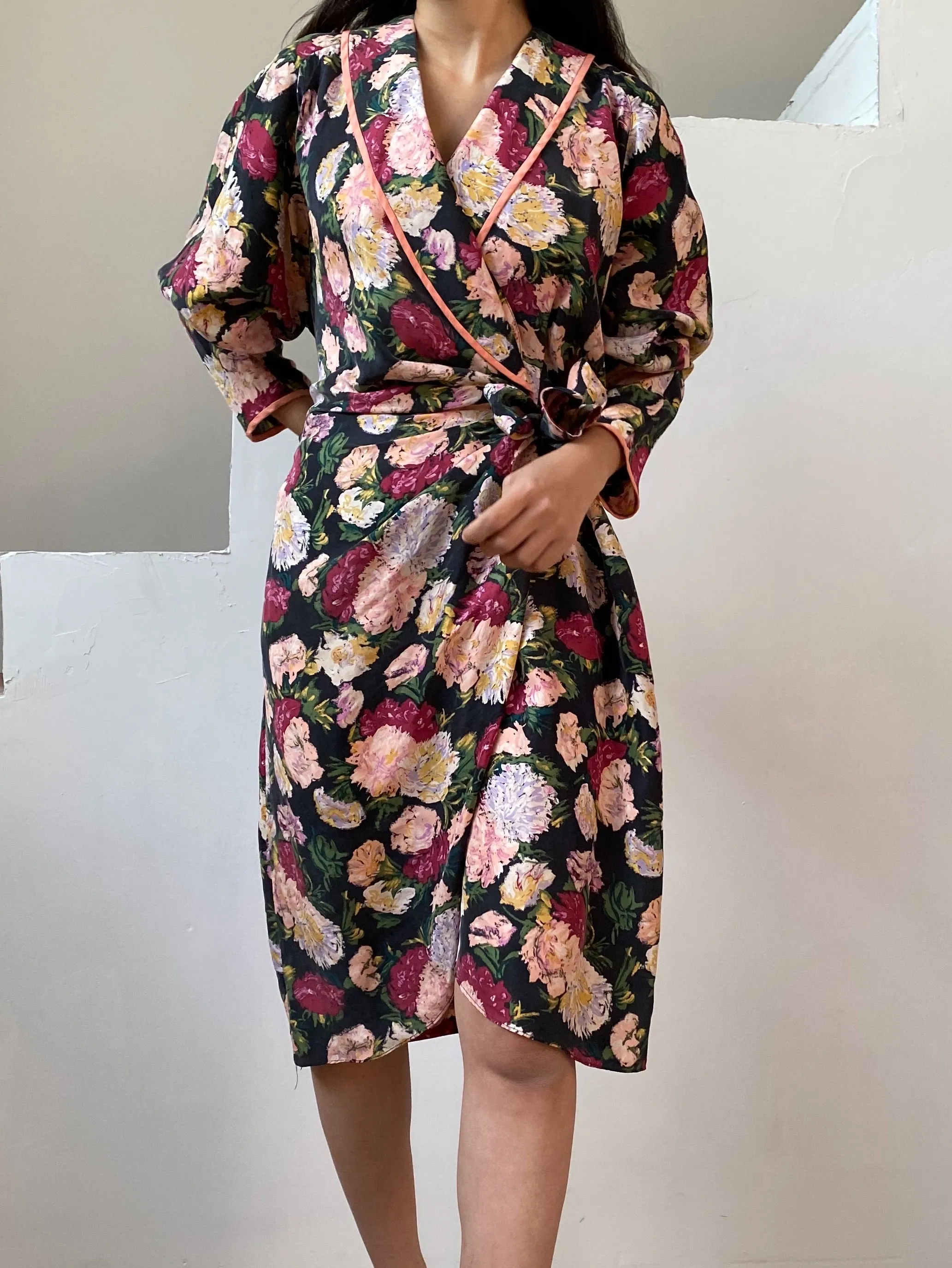 Vintage Silk Floral Print Wrap Dress/Duster - M