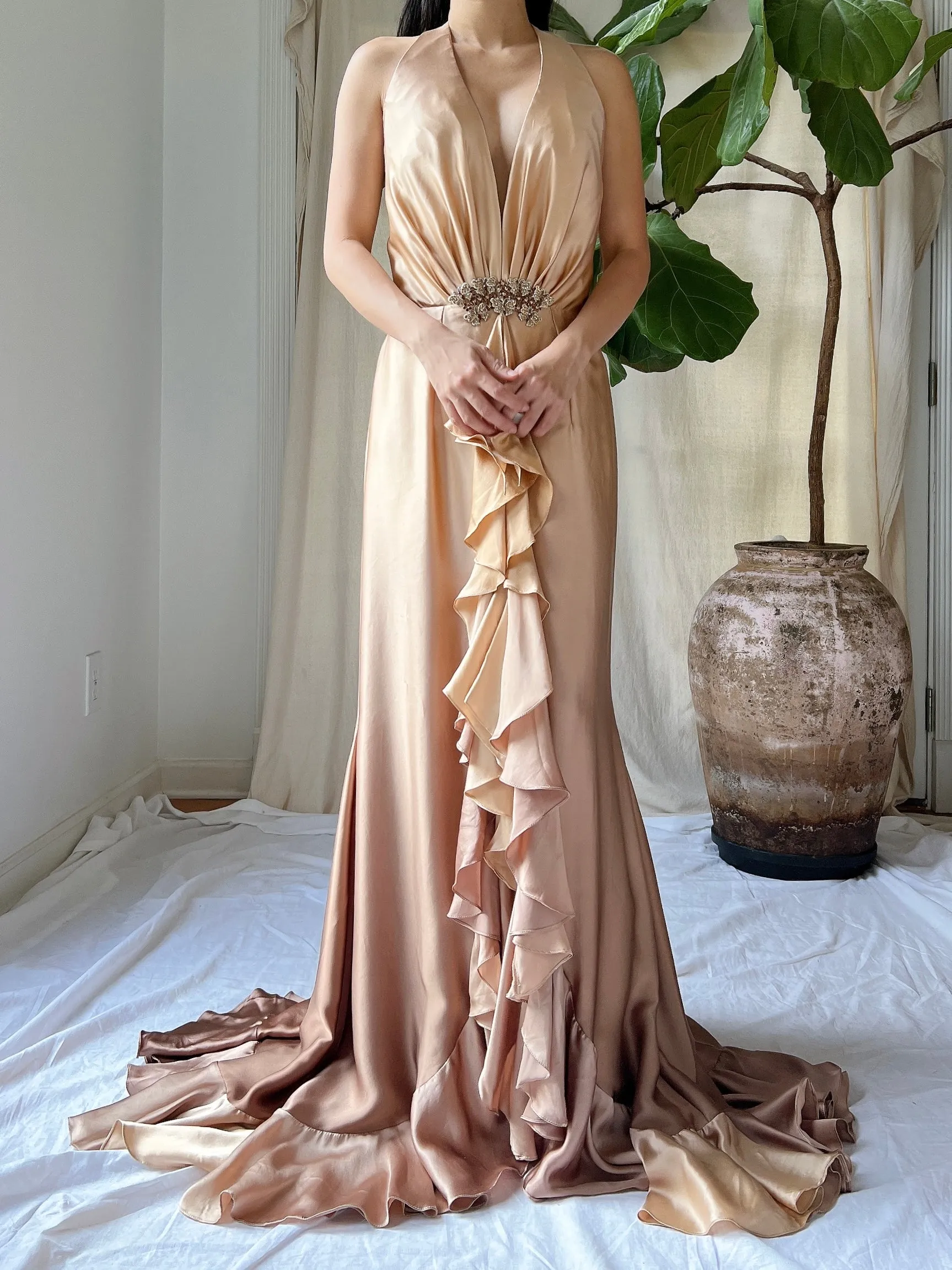 Vintage Silk Ombre Ruffle Front Gown - M