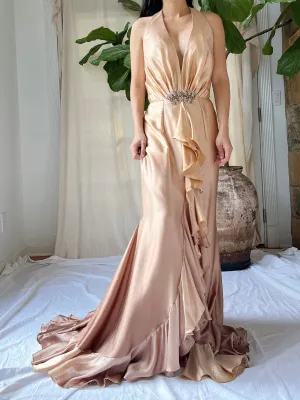 Vintage Silk Ombre Ruffle Front Gown - M
