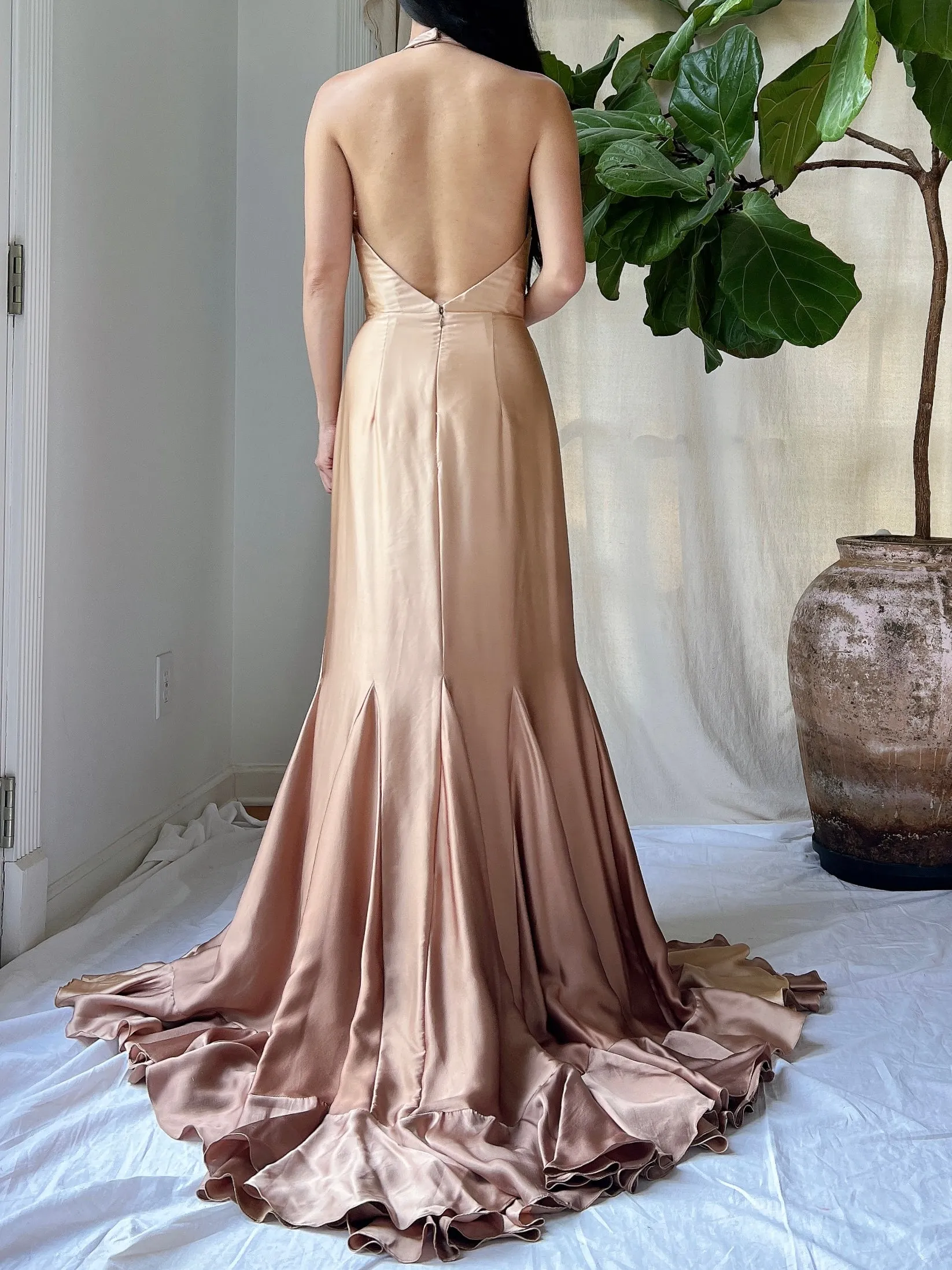 Vintage Silk Ombre Ruffle Front Gown - M