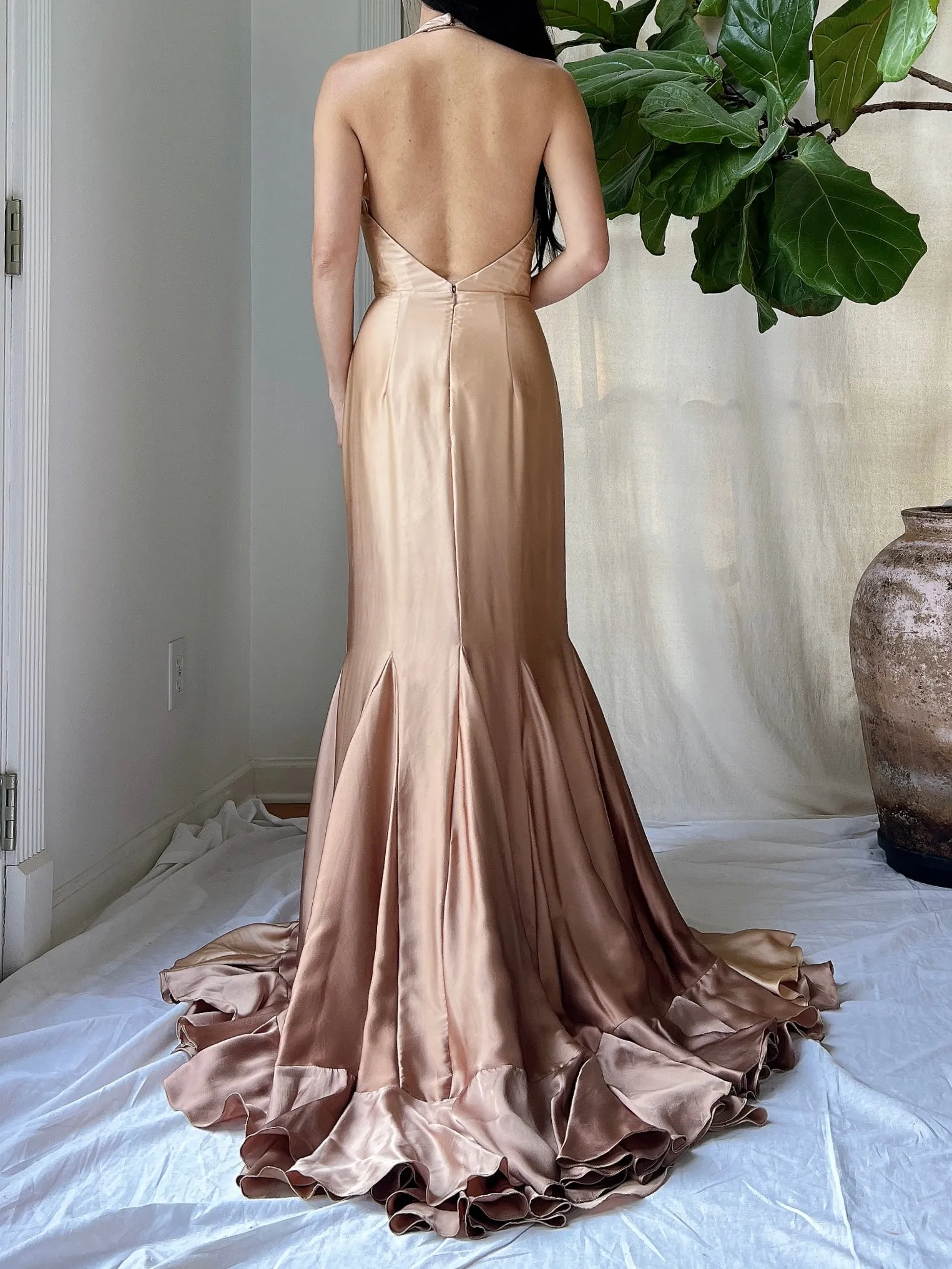 Vintage Silk Ombre Ruffle Front Gown - M