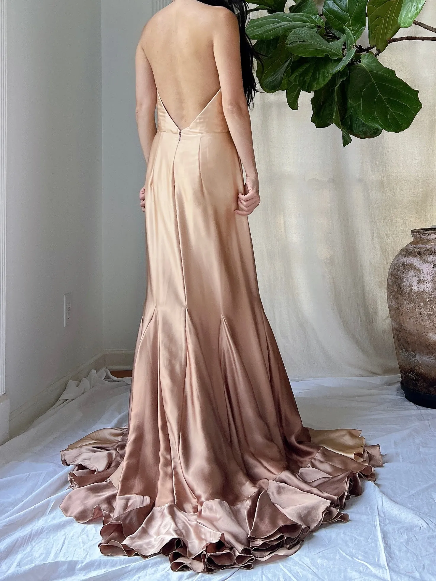 Vintage Silk Ombre Ruffle Front Gown - M