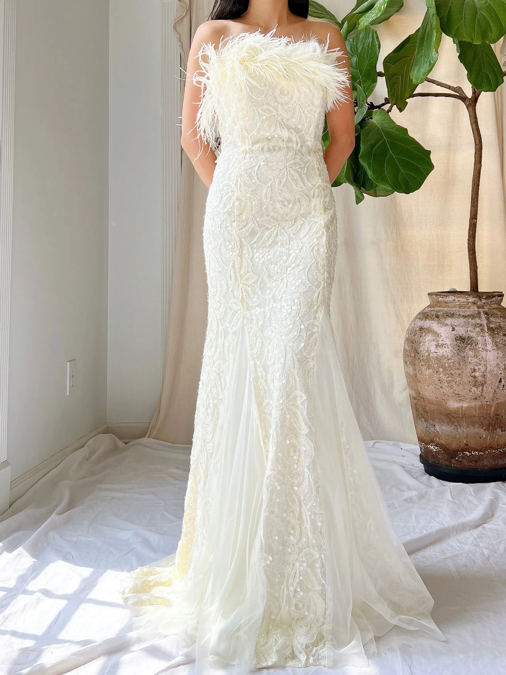 Vintage Strapless Lace and Feather Gown - XS