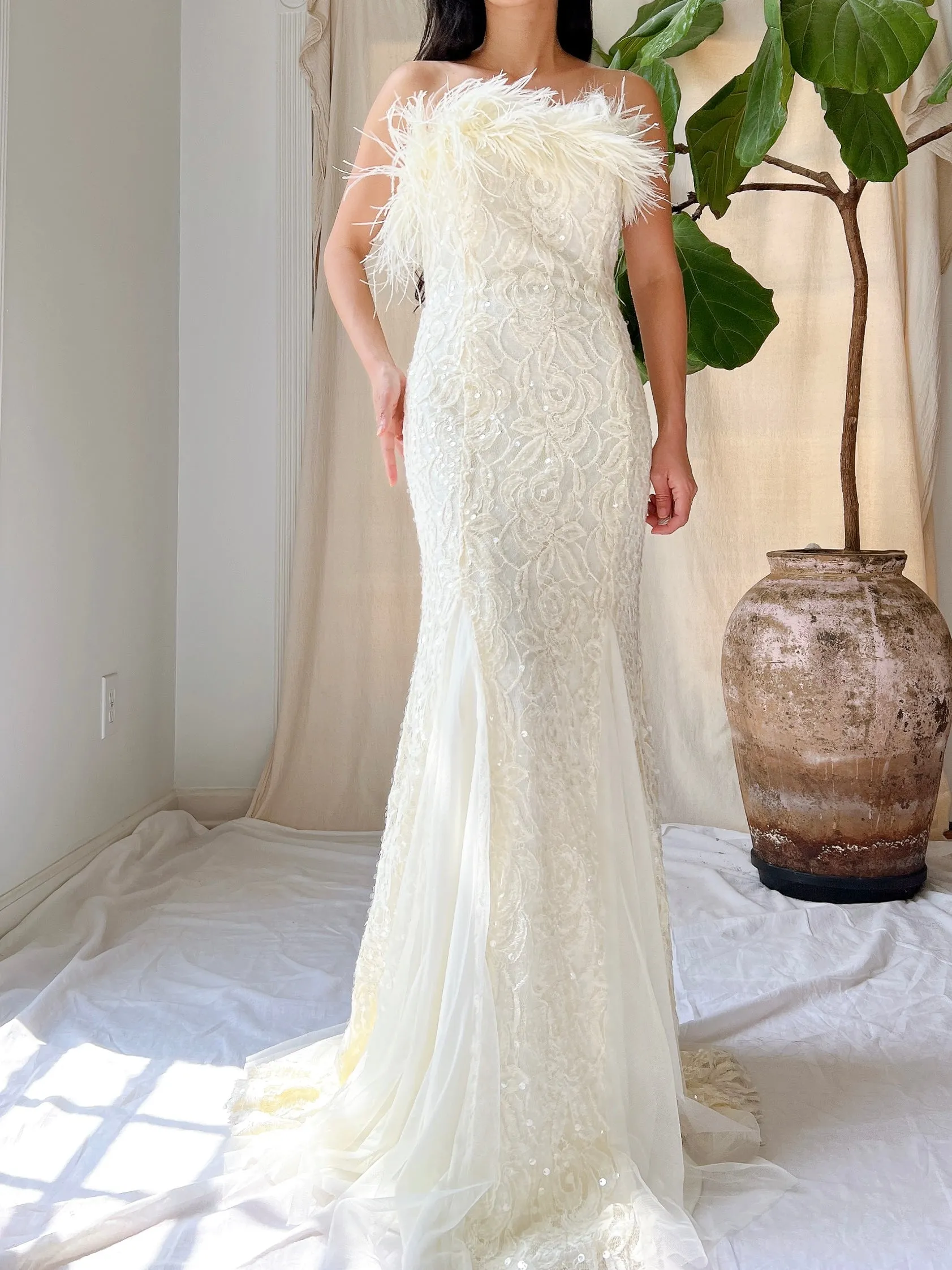 Vintage Strapless Lace and Feather Gown - XS