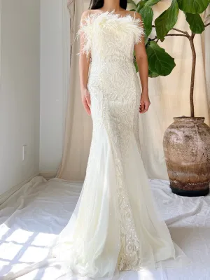Vintage Strapless Lace and Feather Gown - XS